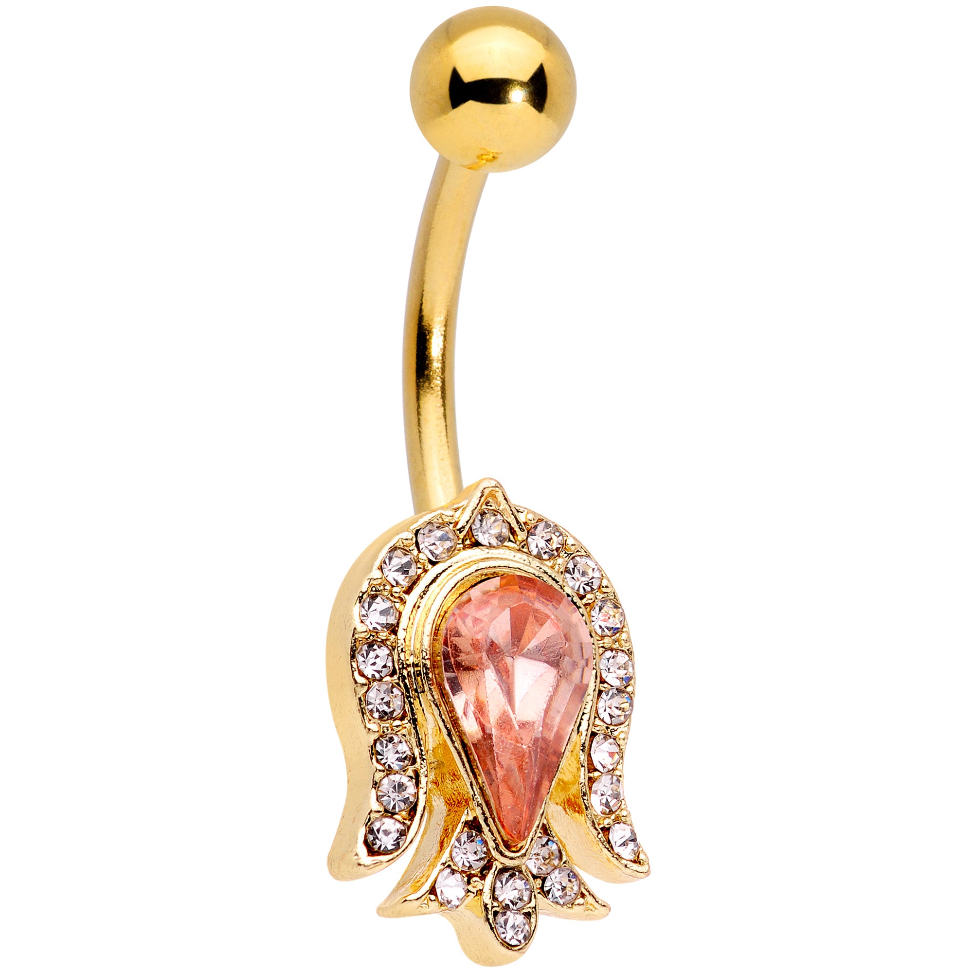 Pink Gem Gold Tone Plated Tulip Flower Belly Ring