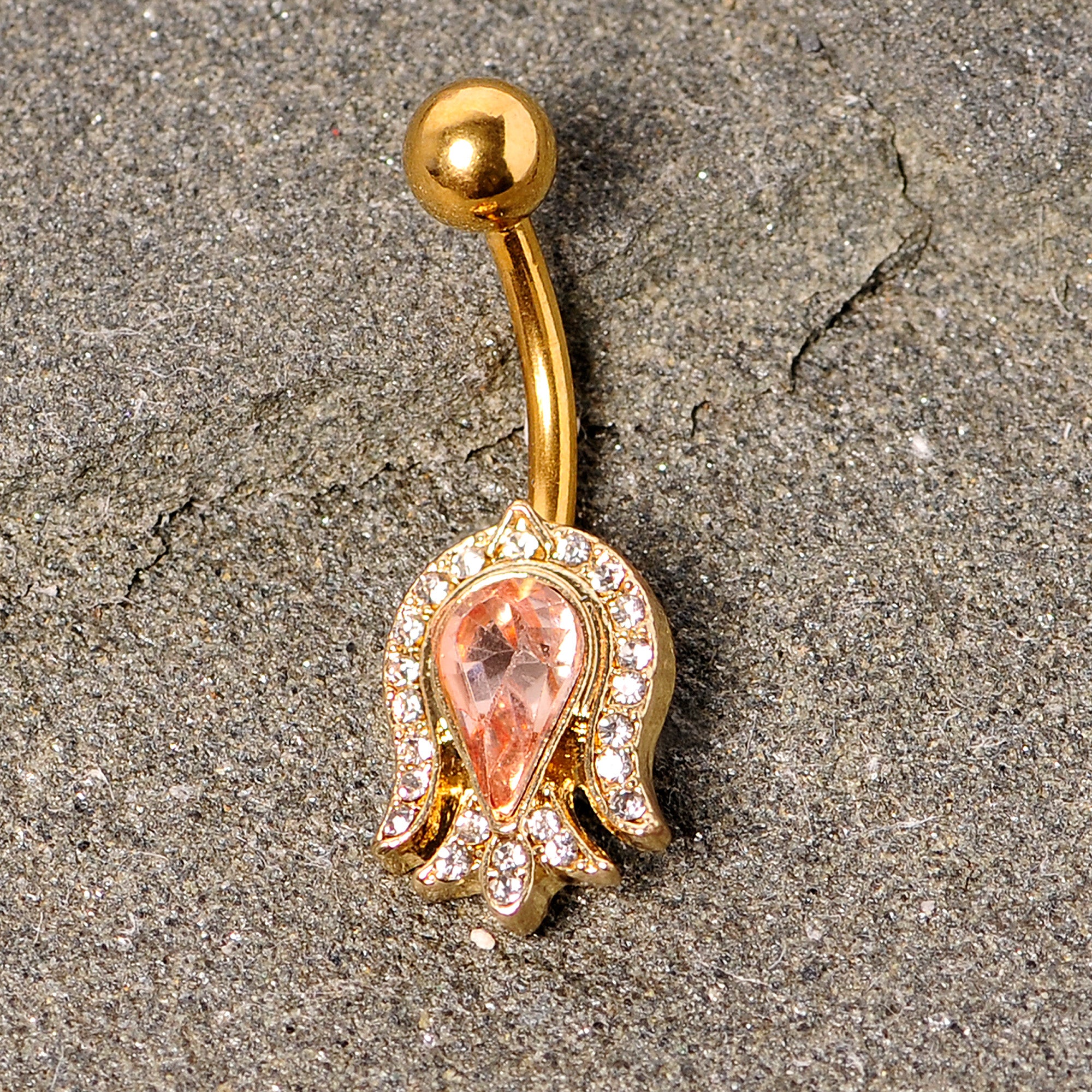 Pink Gem Gold Tone Plated Tulip Flower Belly Ring