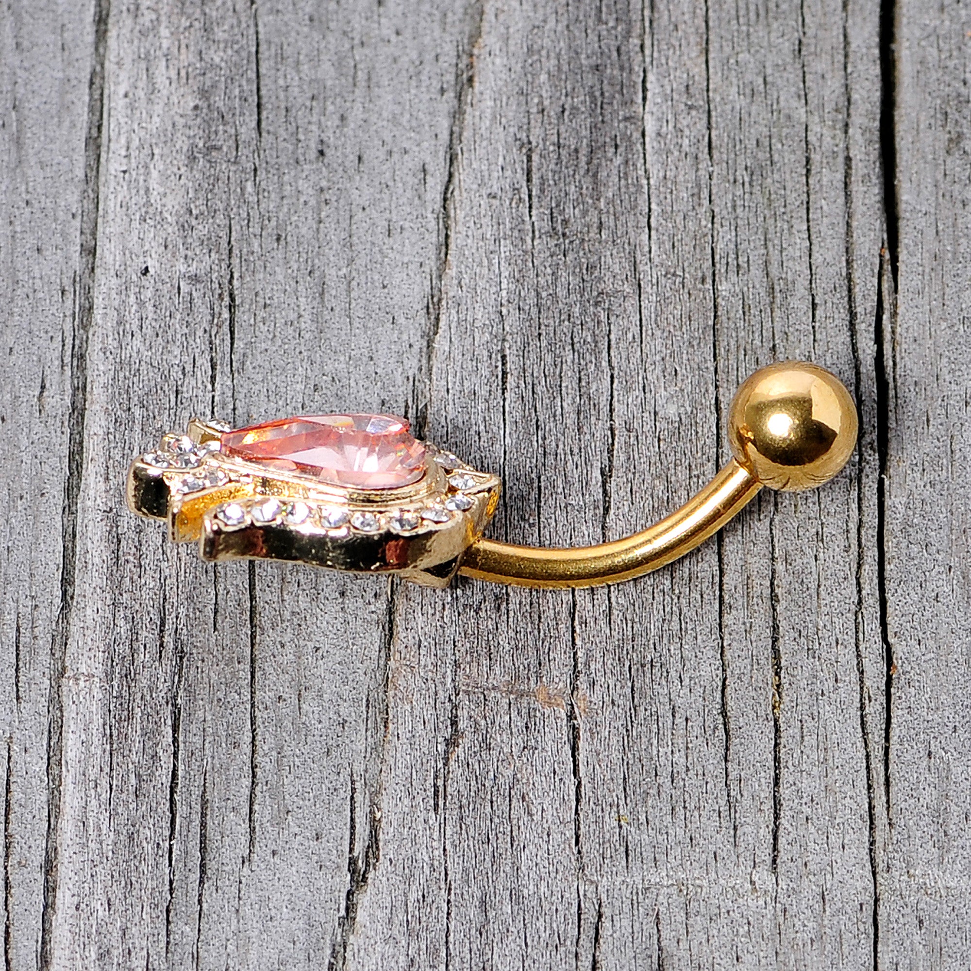 Pink Gem Gold Tone Plated Tulip Flower Belly Ring