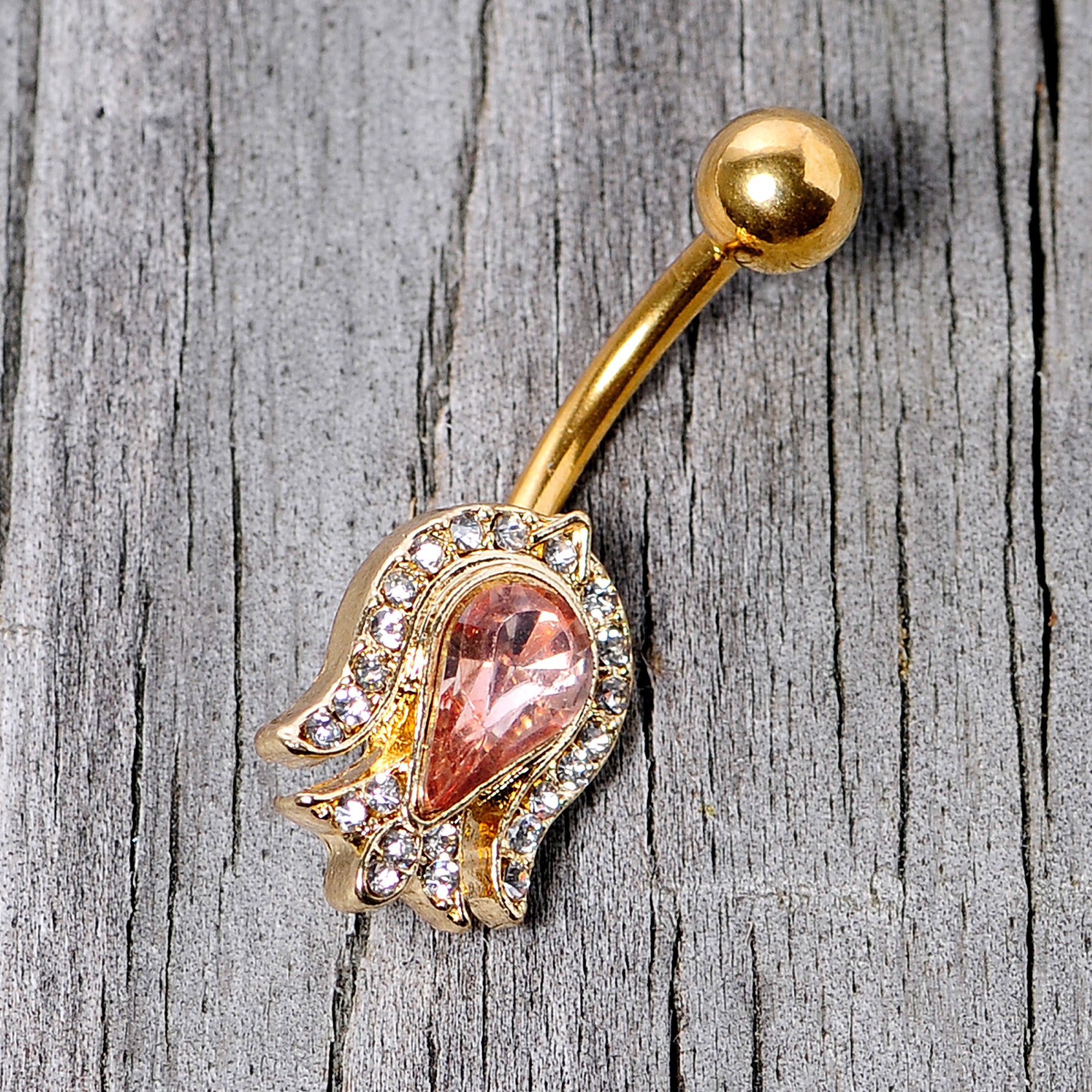 Pink Gem Gold Tone Plated Tulip Flower Belly Ring