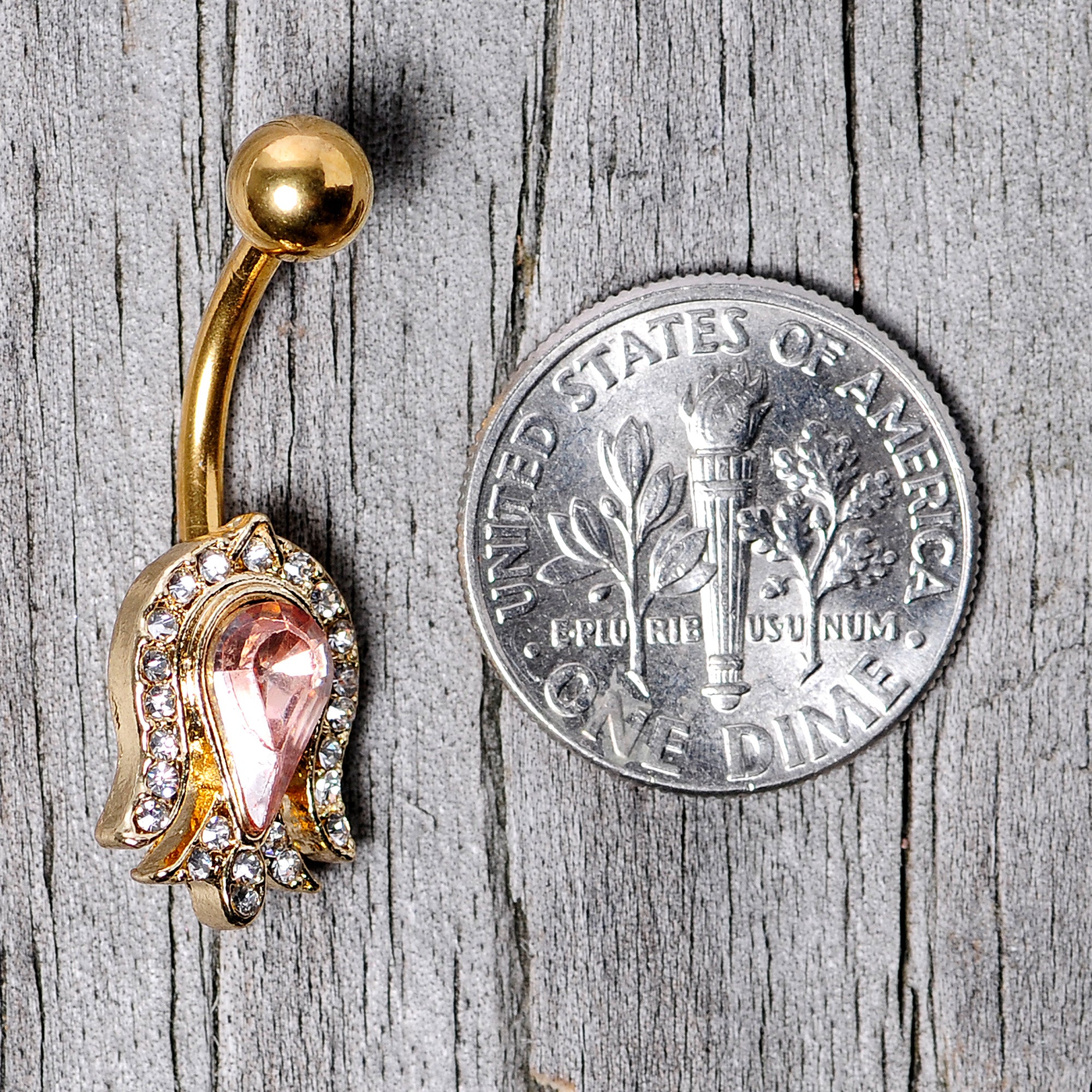 Pink Gem Gold Tone Plated Tulip Flower Belly Ring