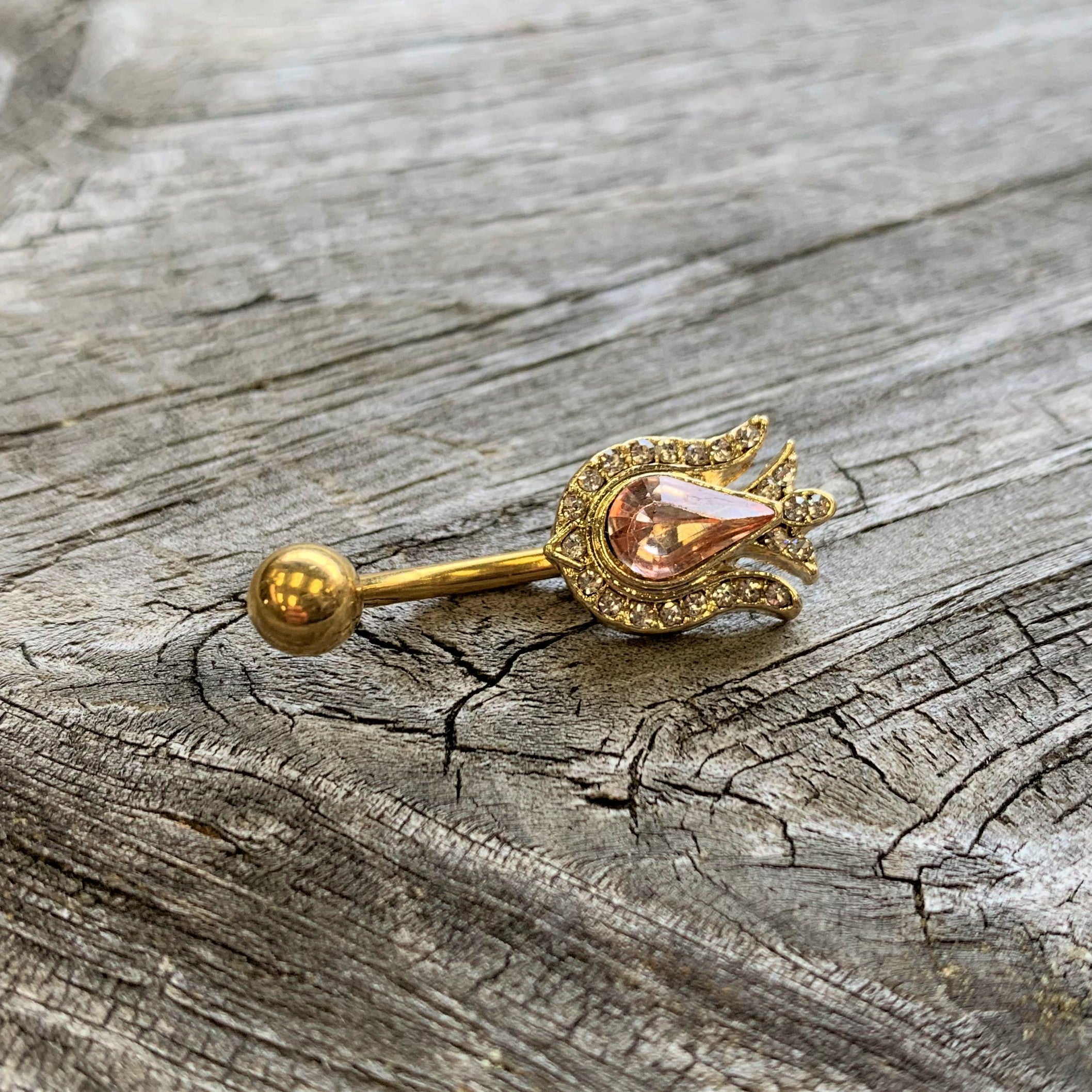 Pink Gem Gold Tone Plated Tulip Flower Belly Ring