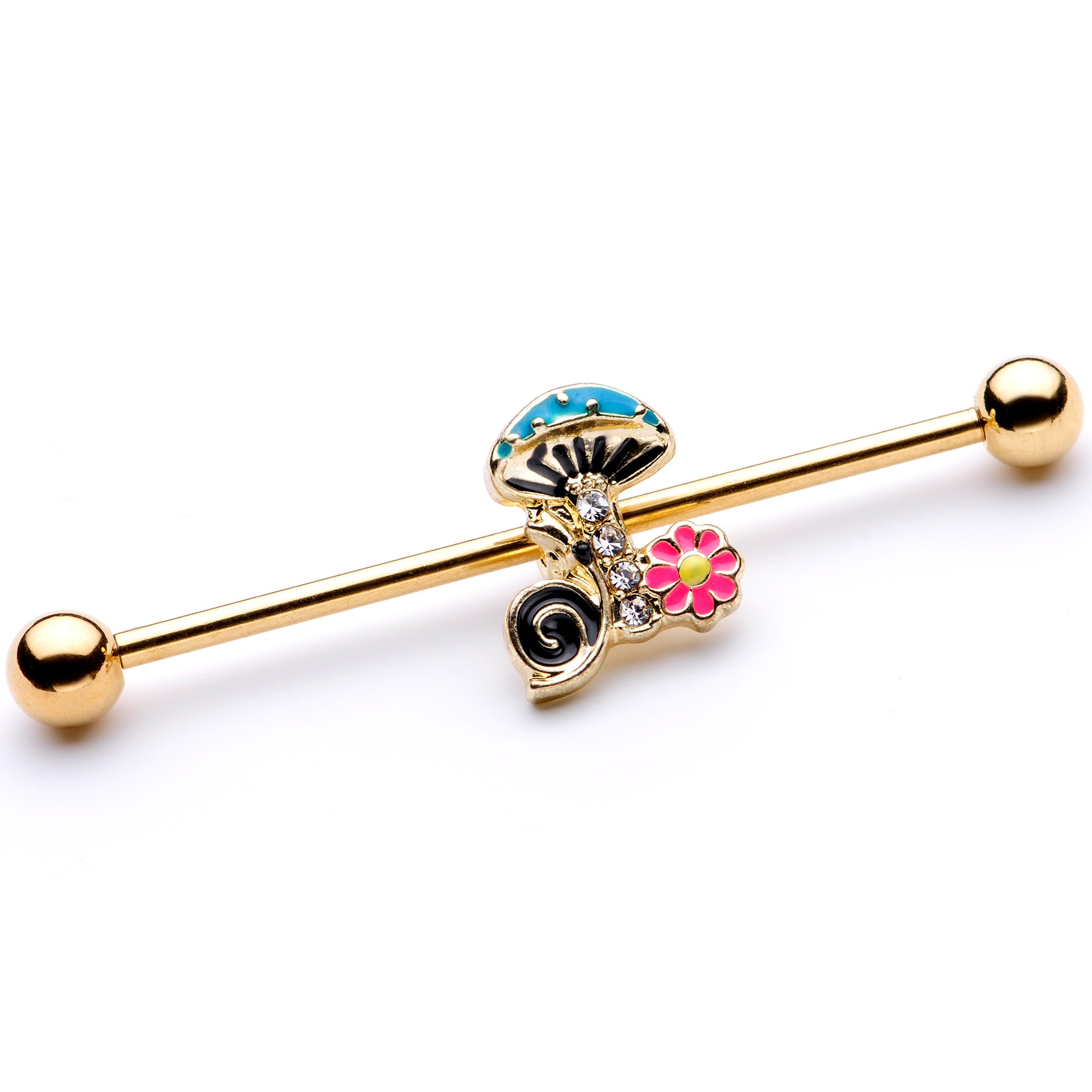 14 Gauge Gold Tone Snail Flower Magic Mushroom Industrial Barbell 38mm