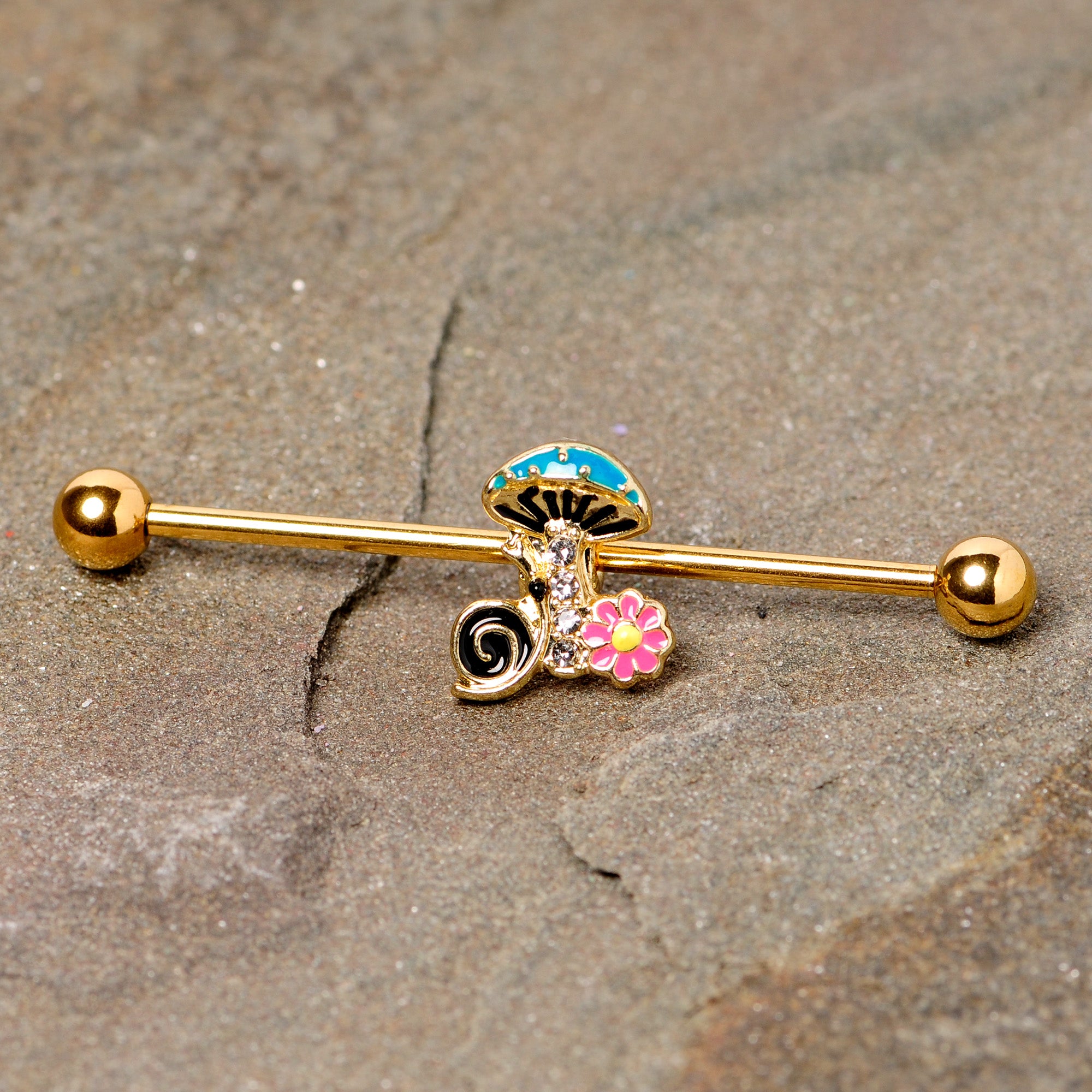 14 Gauge Gold Tone Snail Flower Magic Mushroom Industrial Barbell 38mm