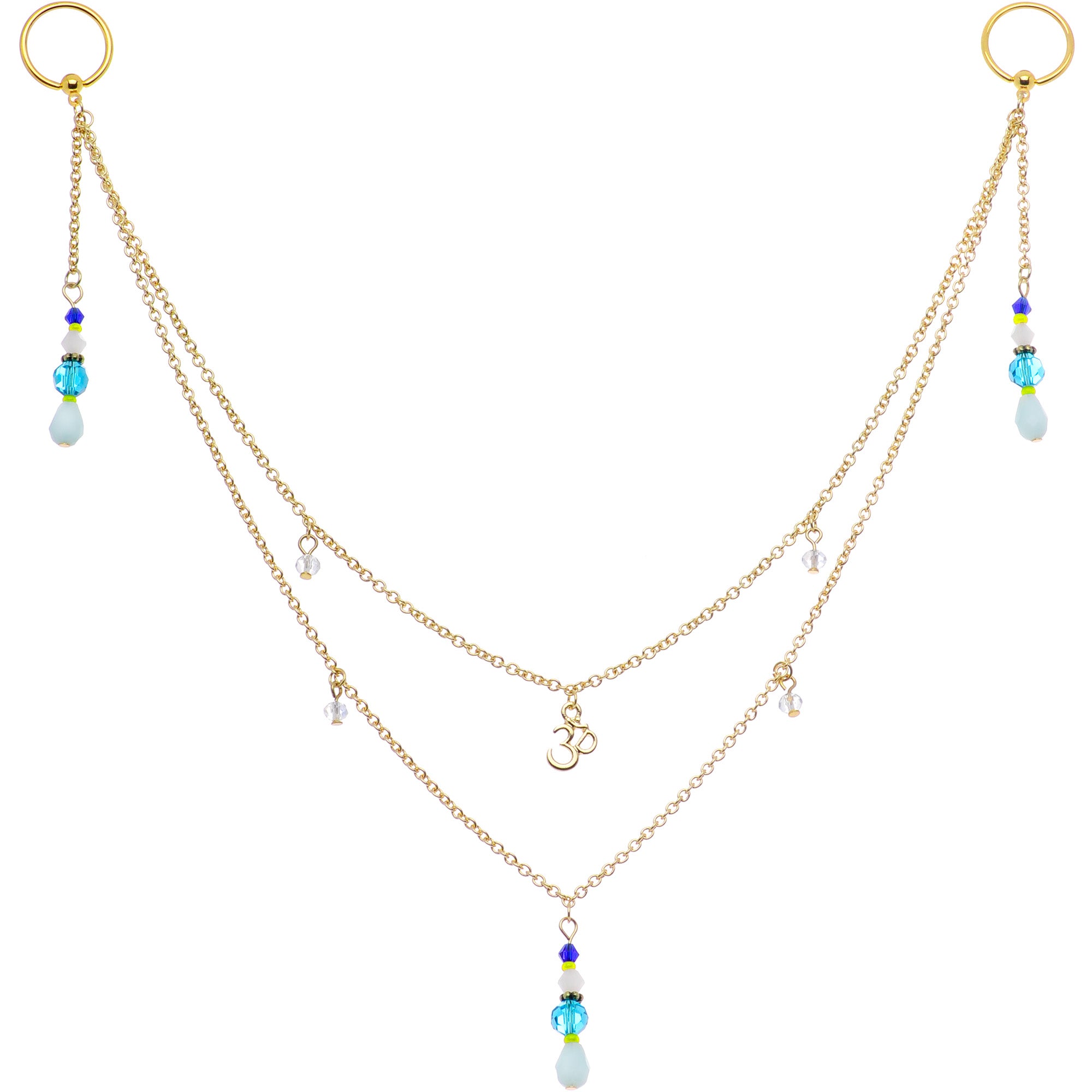 14 Gauge 9/16 Gold Tone Om Blue Beads Captive Ring Dangle Nipple Chain