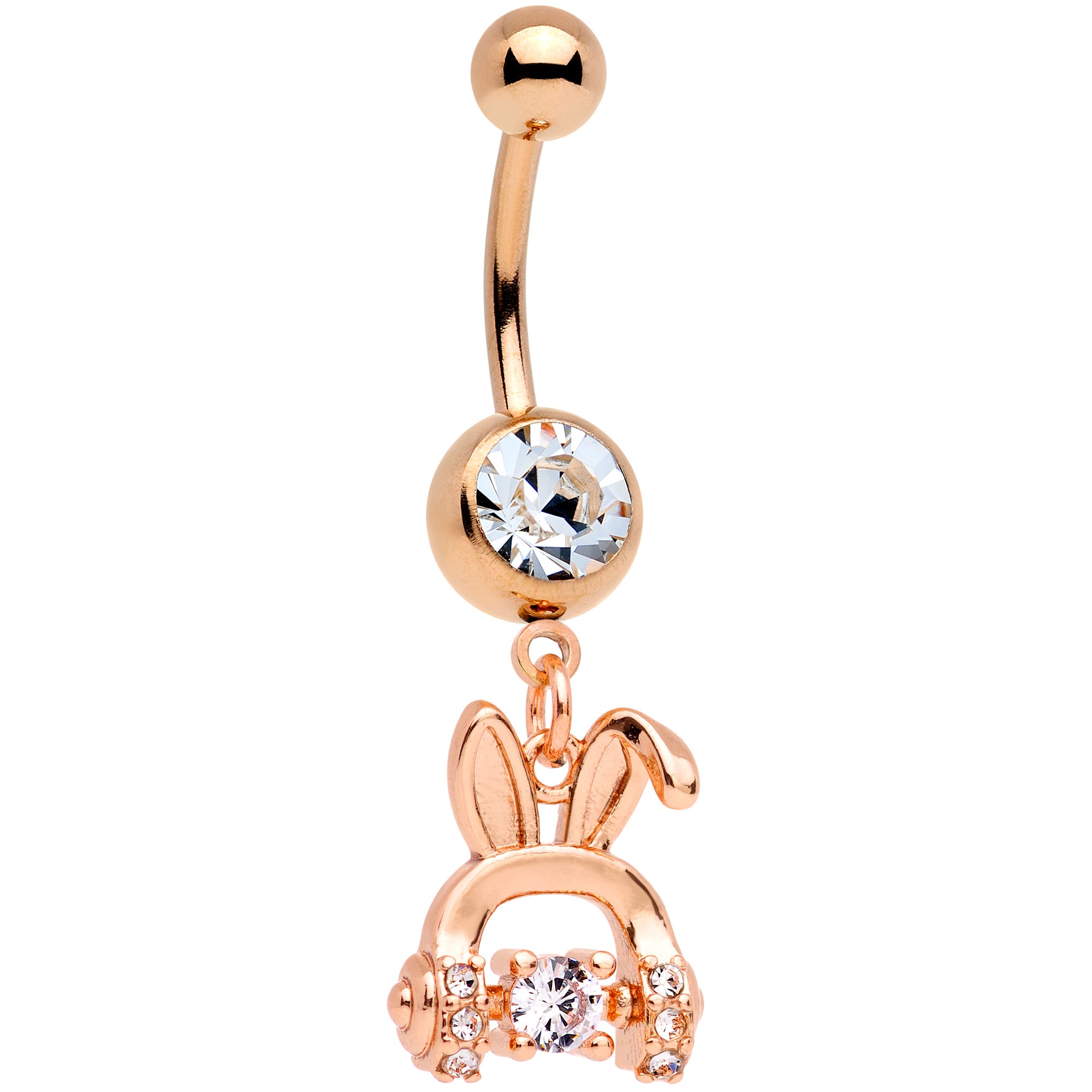 Clear Gem Rose Gold Tone Bunny Ear Headphones Dangle Belly Ring