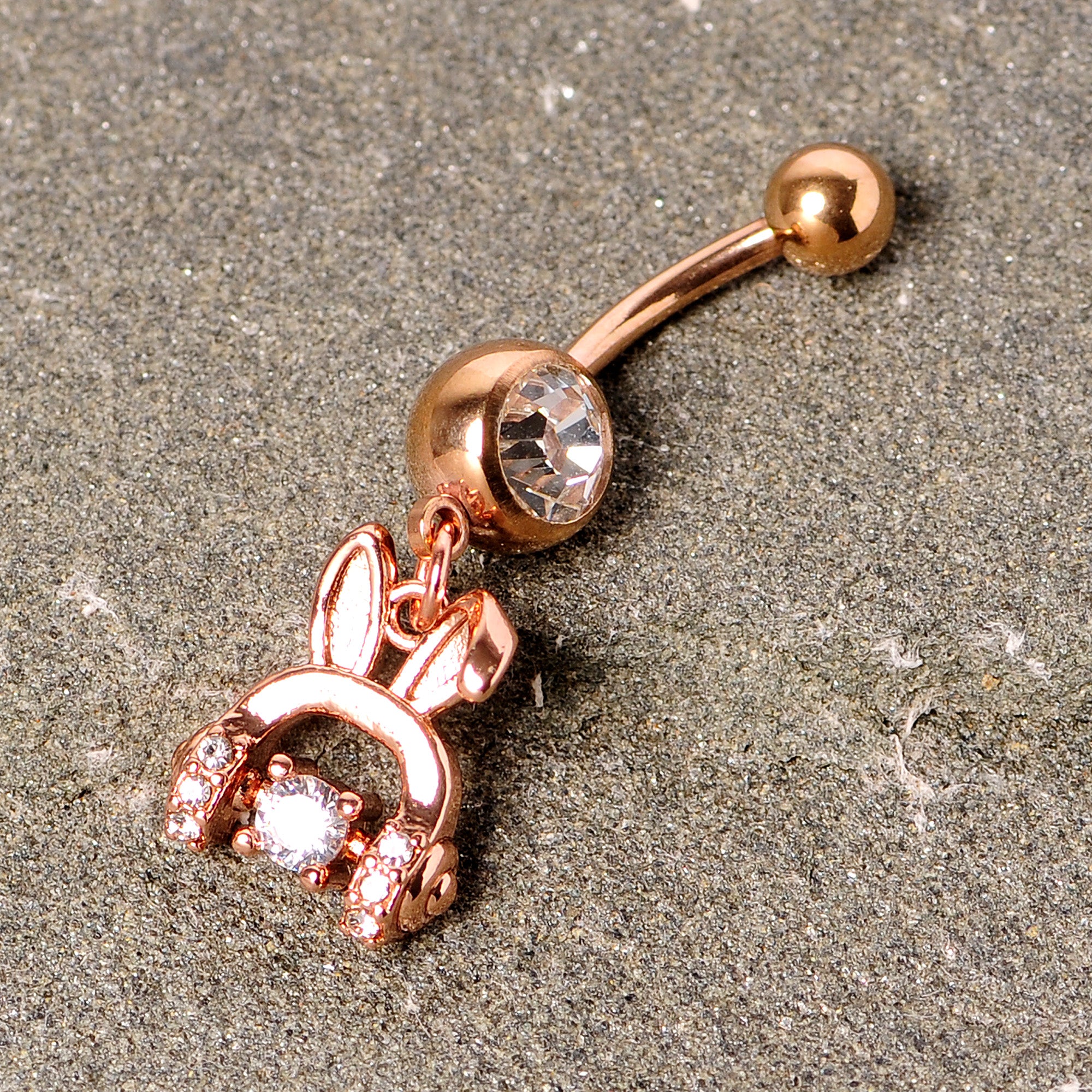 Clear Gem Rose Gold Tone Bunny Ear Headphones Dangle Belly Ring