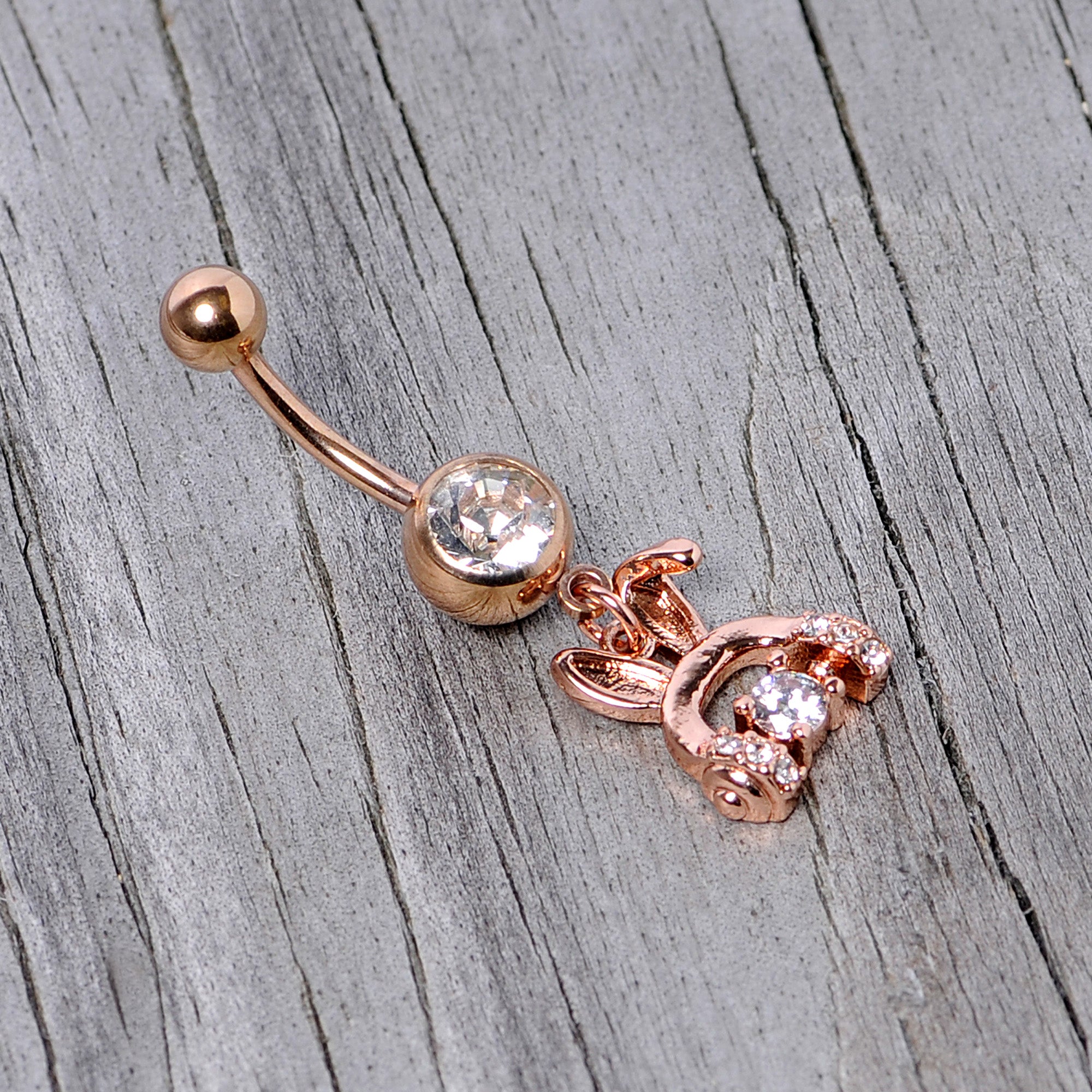 Clear Gem Rose Gold Tone Bunny Ear Headphones Dangle Belly Ring