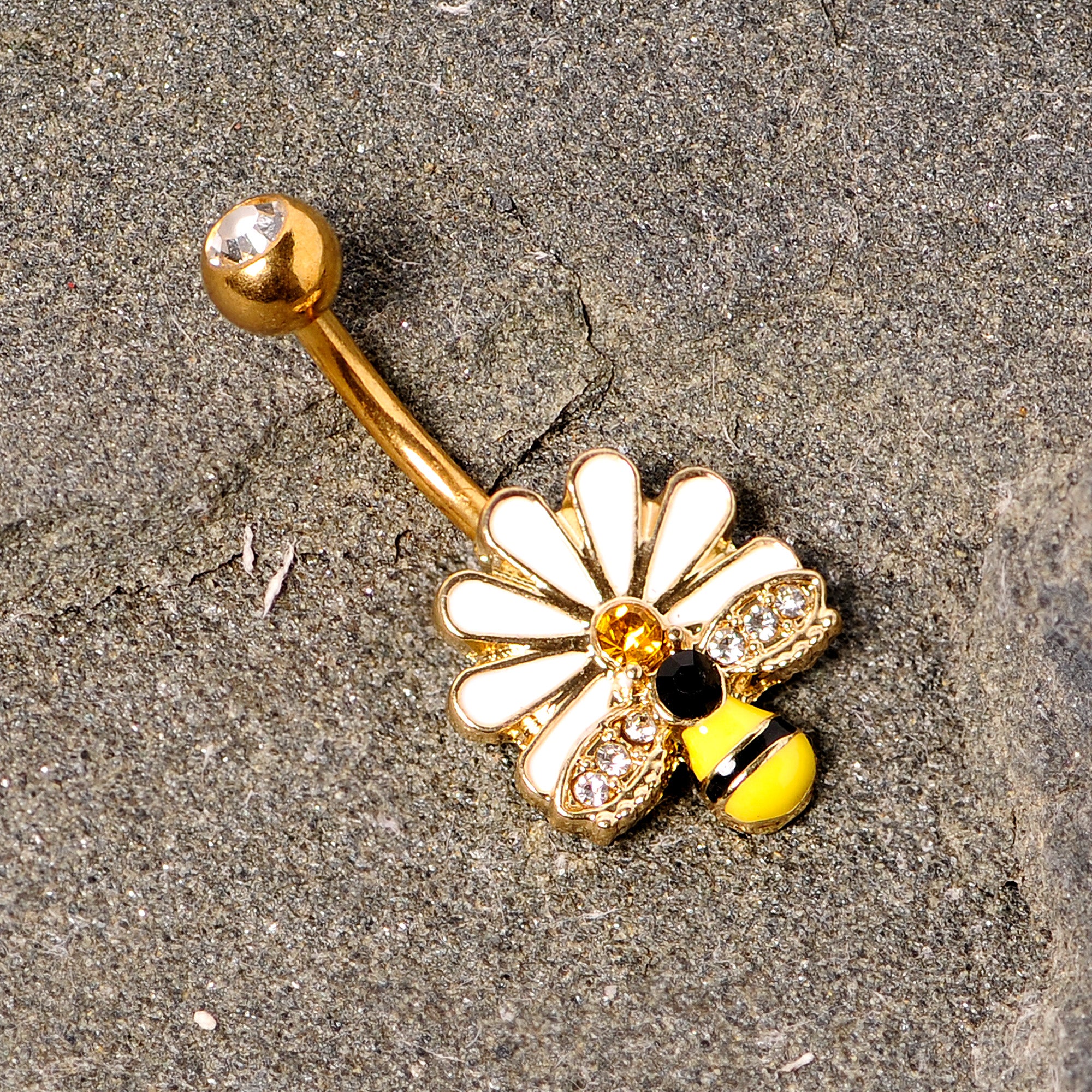 Clear Yellow Gem Gold Tone Daisy Bee Belly Ring