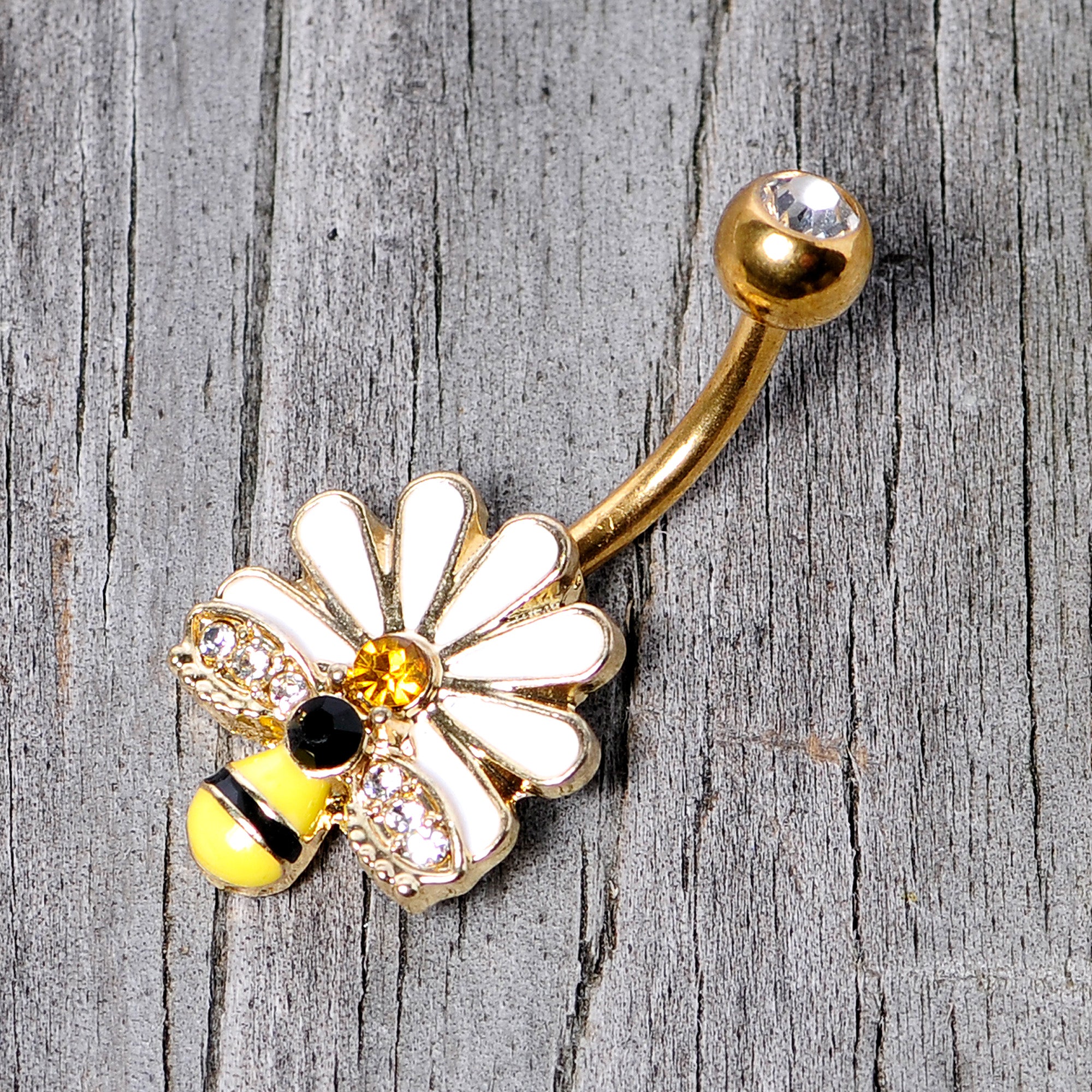 Clear Yellow Gem Gold Tone Daisy Bee Belly Ring