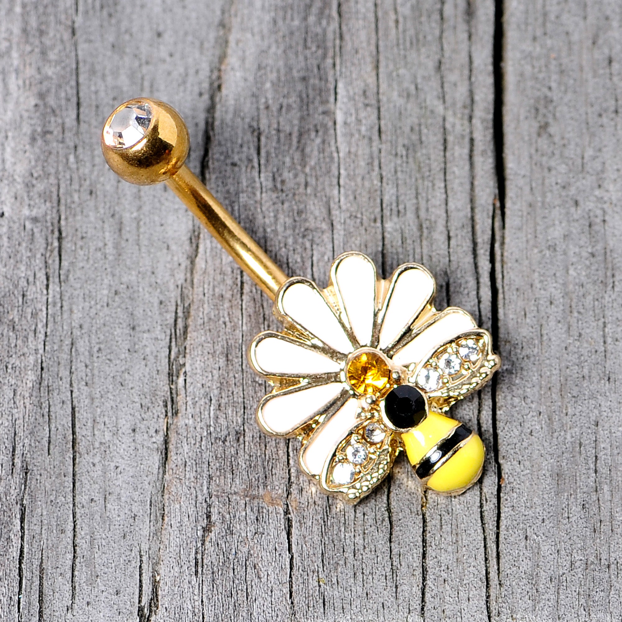 Clear Yellow Gem Gold Tone Daisy Bee Belly Ring