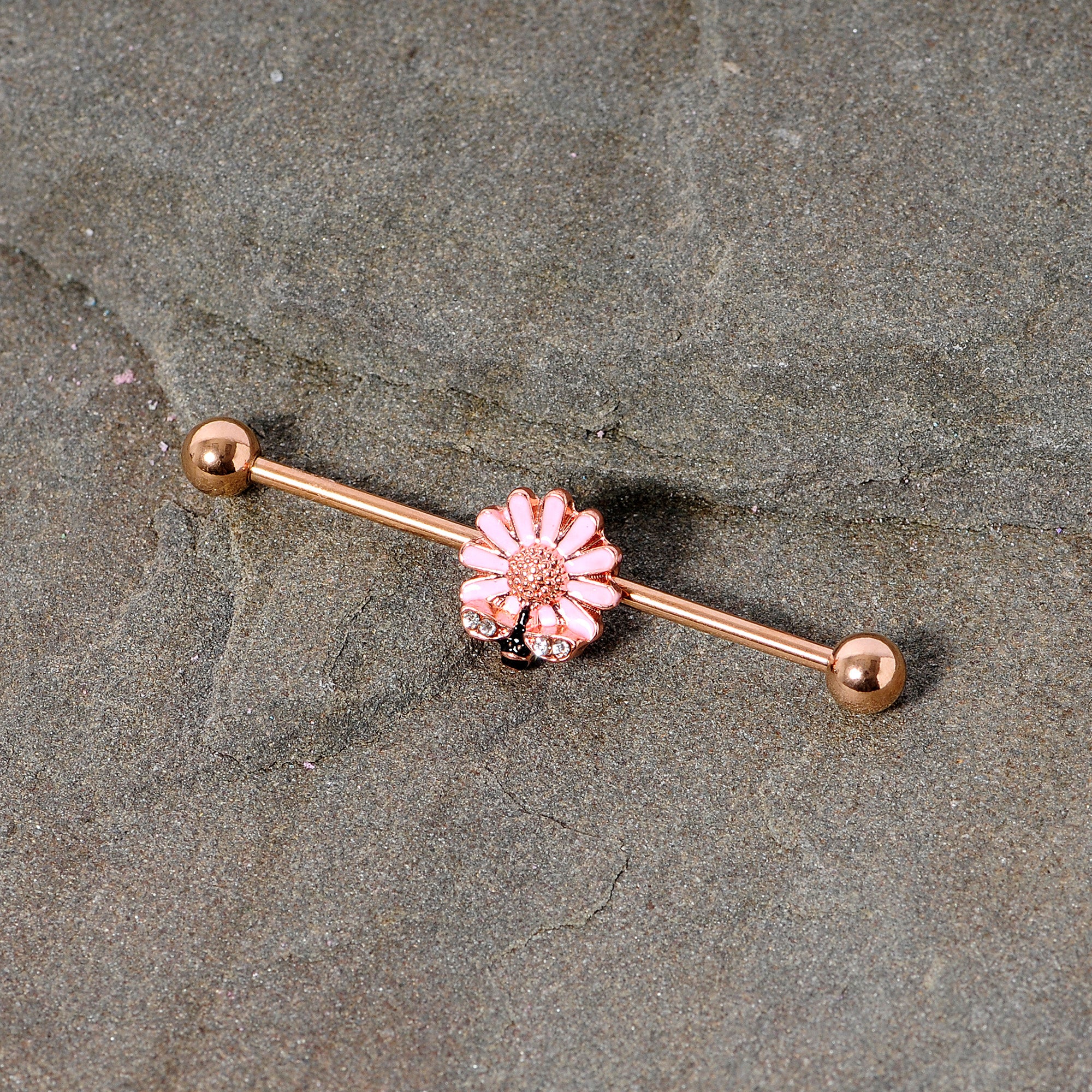 14 Gauge Clear Gem Rose Gold Tone Flower Bee Industrial Barbell 38mm