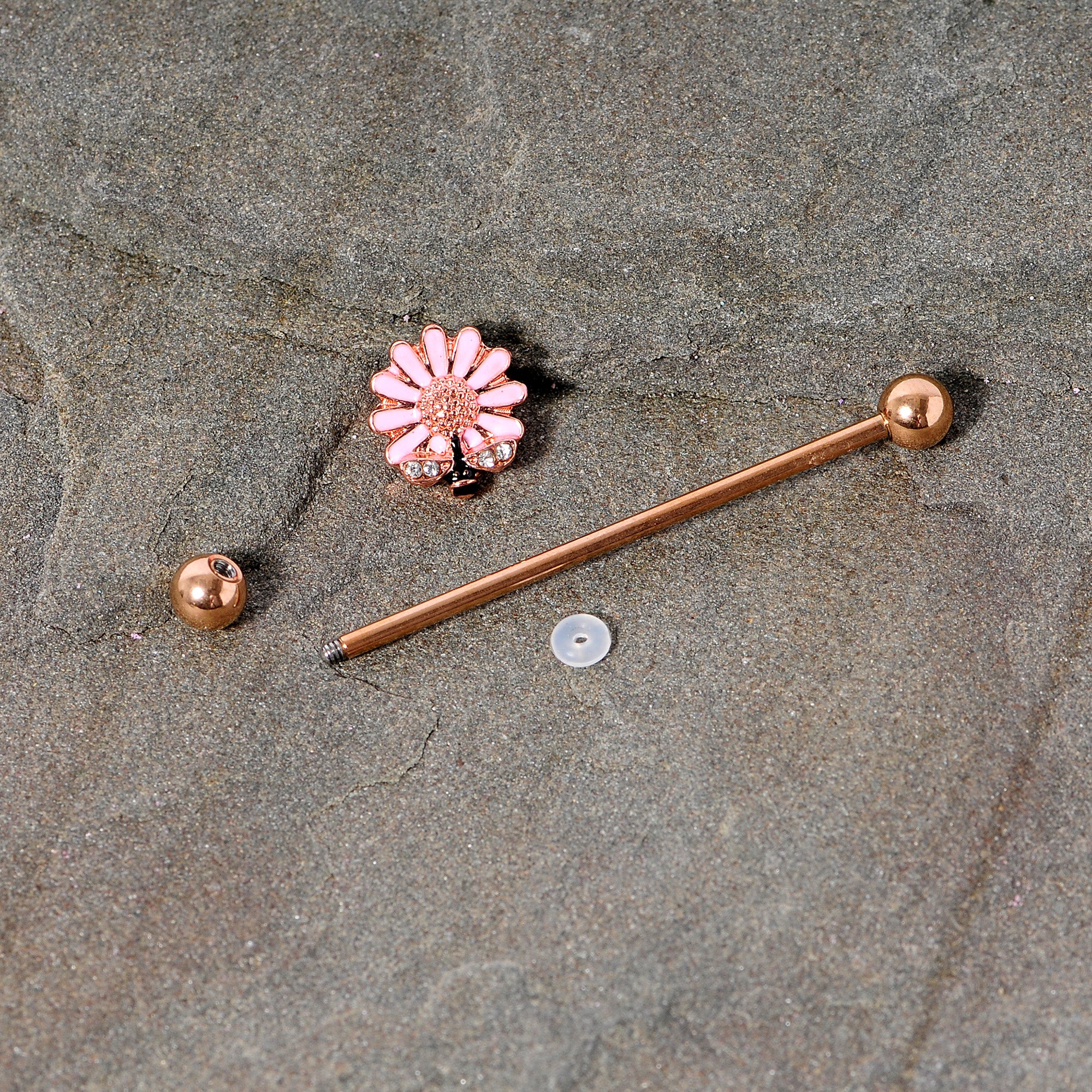 14 Gauge Clear Gem Rose Gold Tone Flower Bee Industrial Barbell 38mm