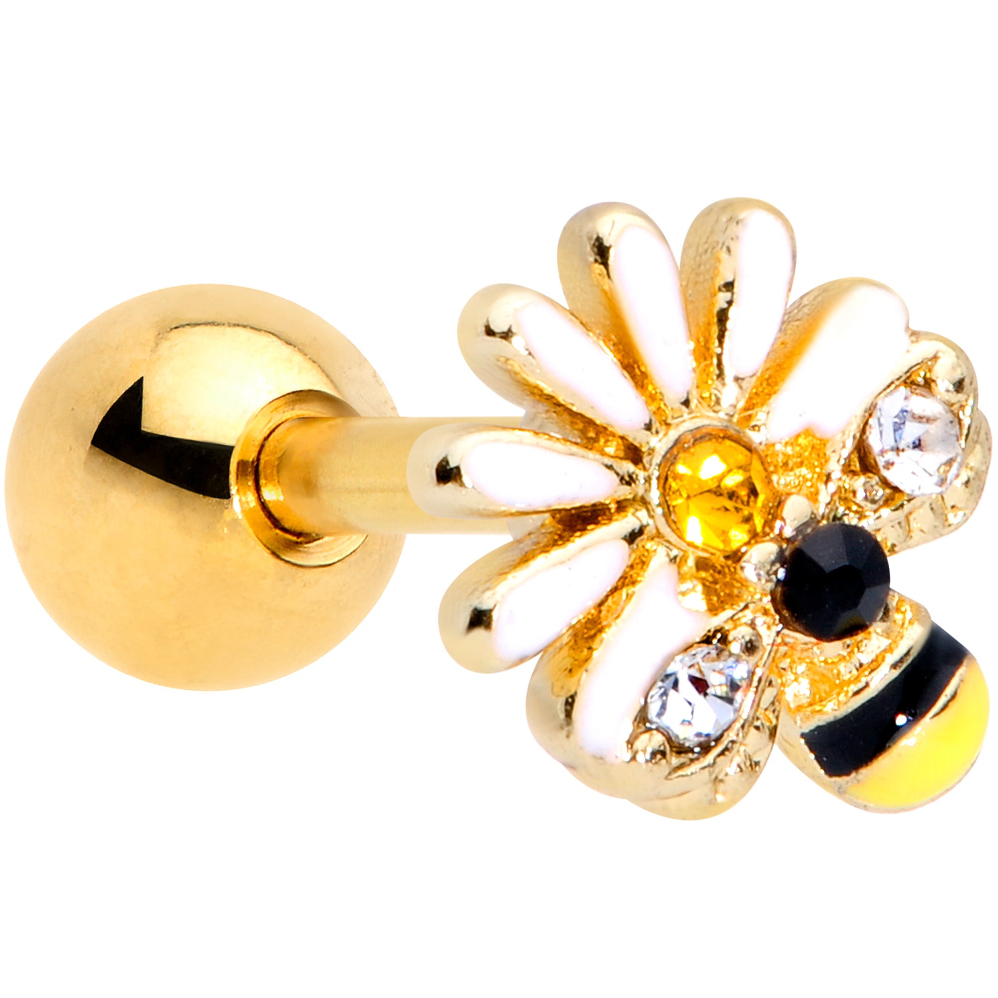 16 Gauge 1/4 Clear Yellow Gem Gold Tone Daisy Bee Cartilage Tragus