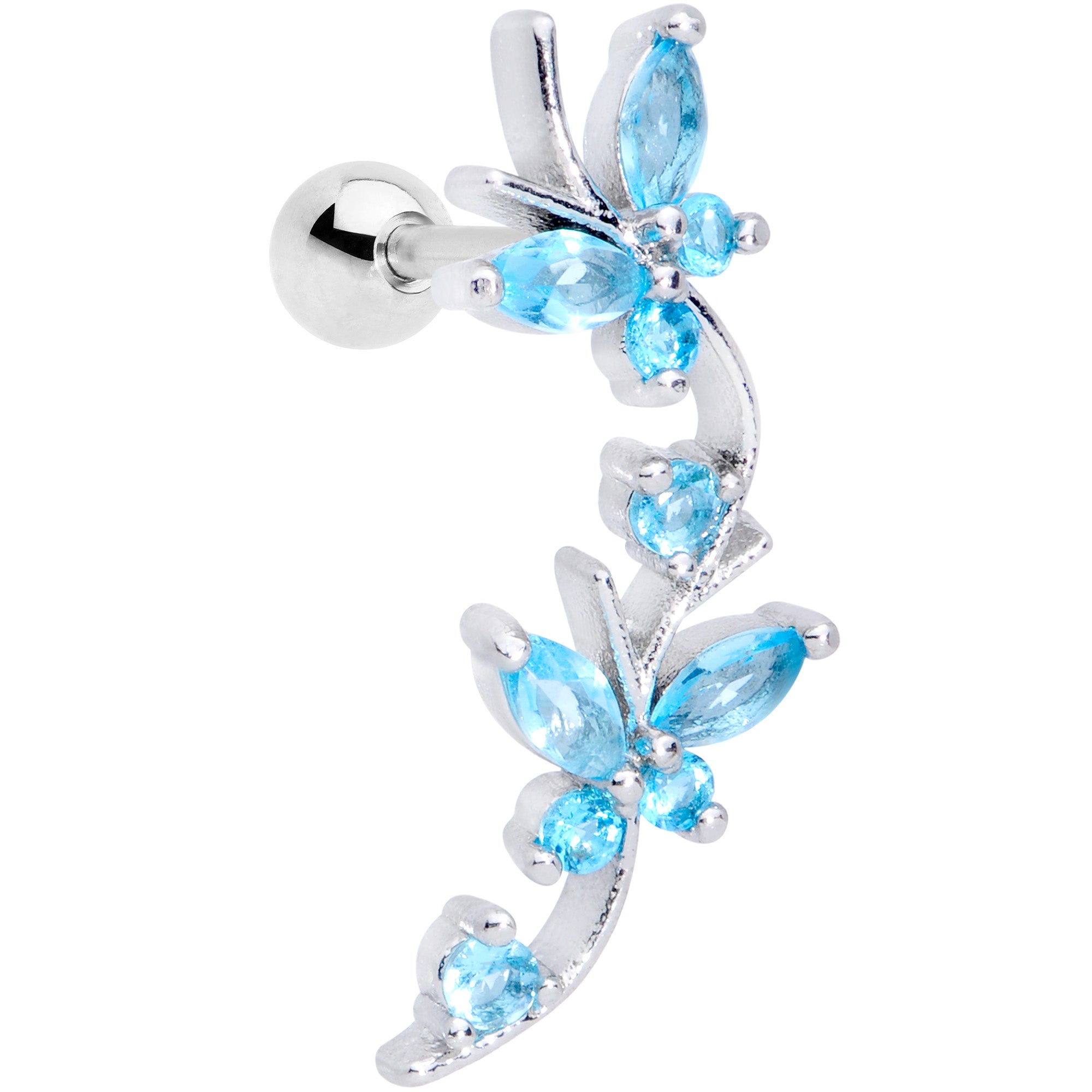 16 Gauge 1/4 Aqua CZ Gem Butterflies Left Ear Cartilage Tragus