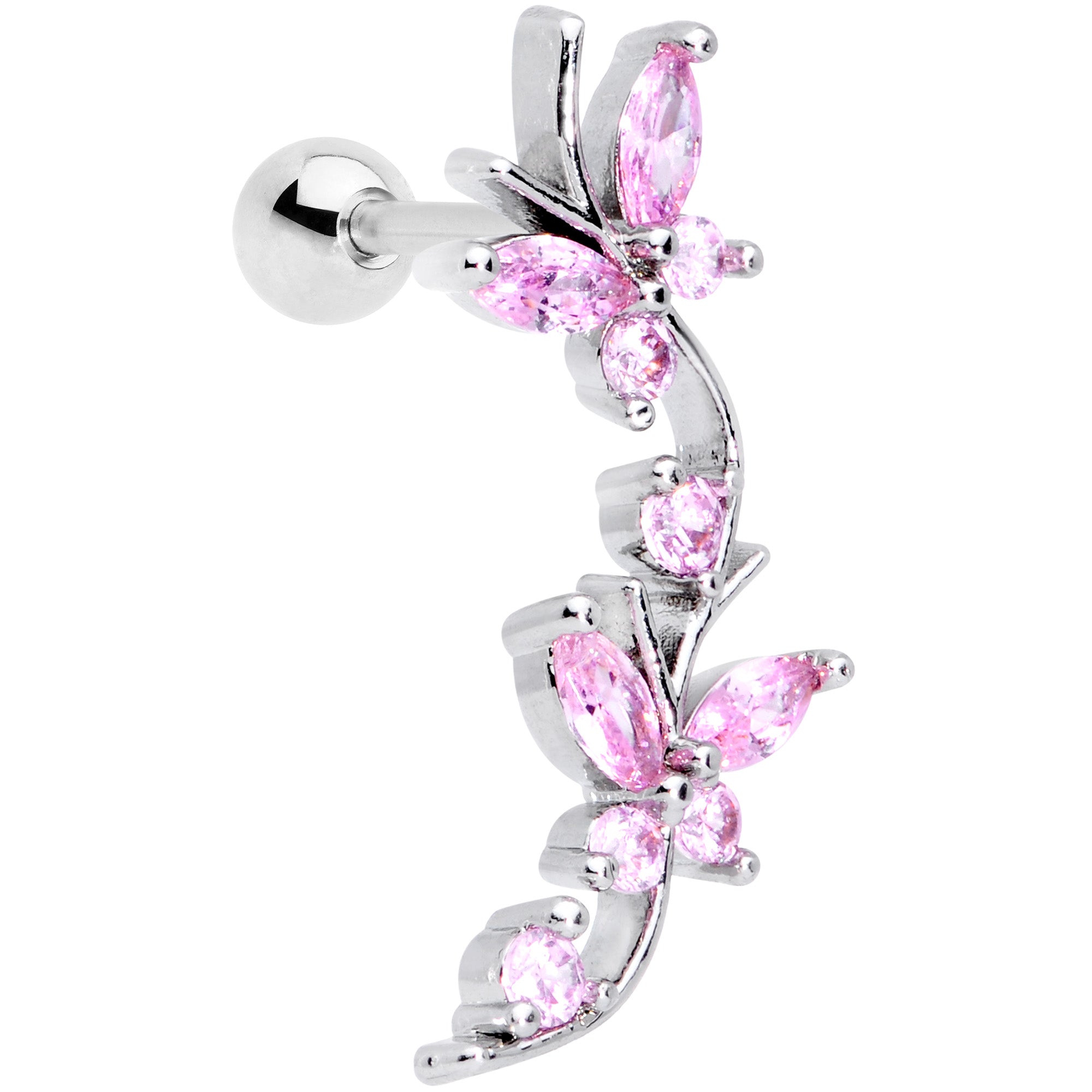 16 Gauge 1/4 Pink CZ Gem Butterflies Left Ear Cartilage Tragus