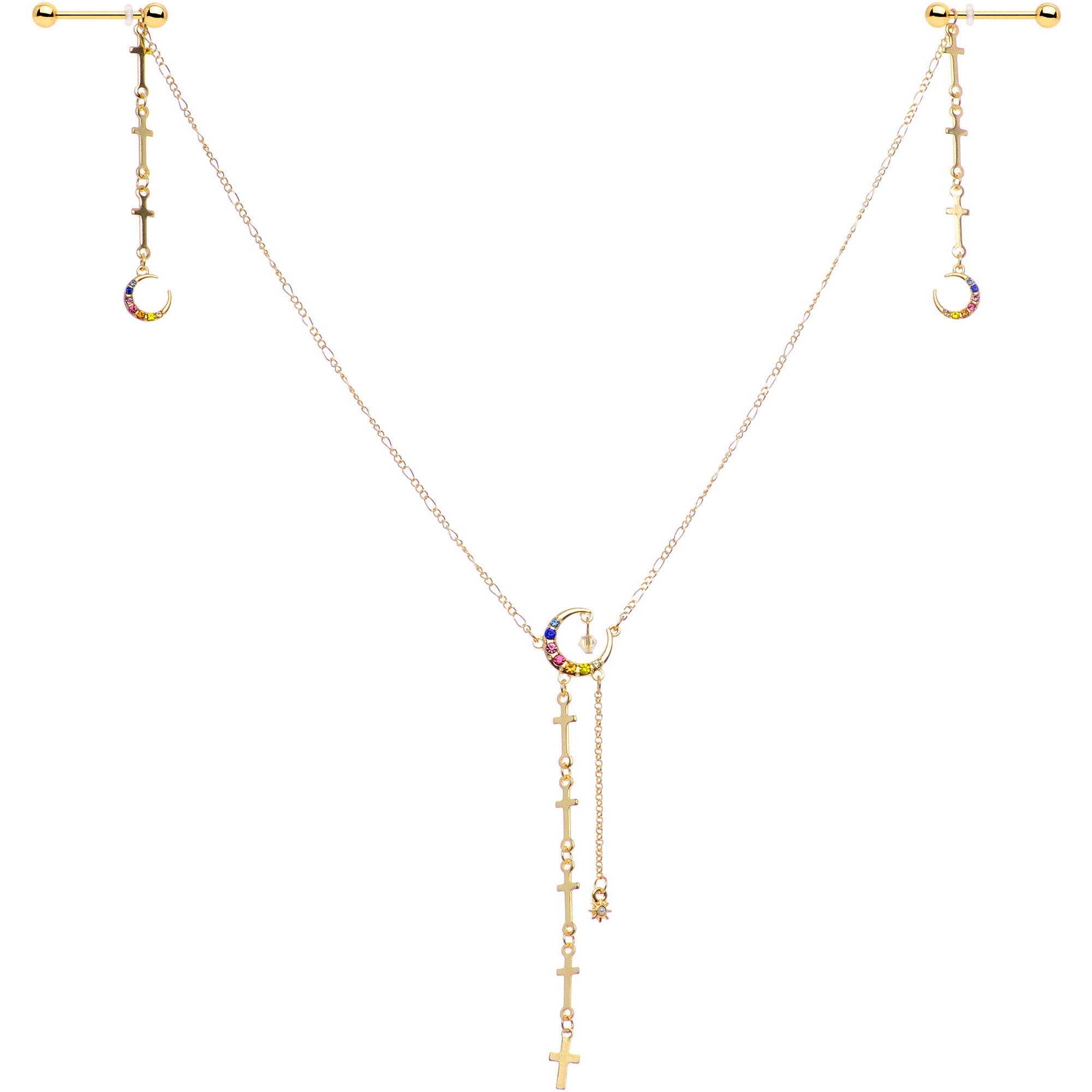 14 Gauge 9/16 Blue Pink Gem Gold Tone Moon Cross Dangle Nipple Chain