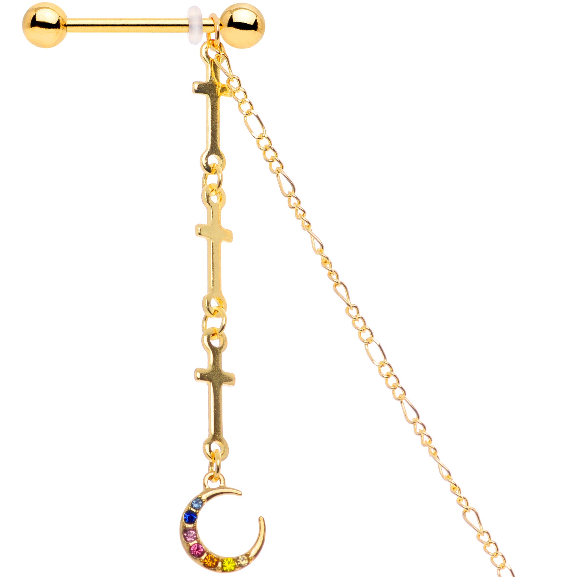 14 Gauge 9/16 Blue Pink Gem Gold Tone Moon Cross Dangle Nipple Chain