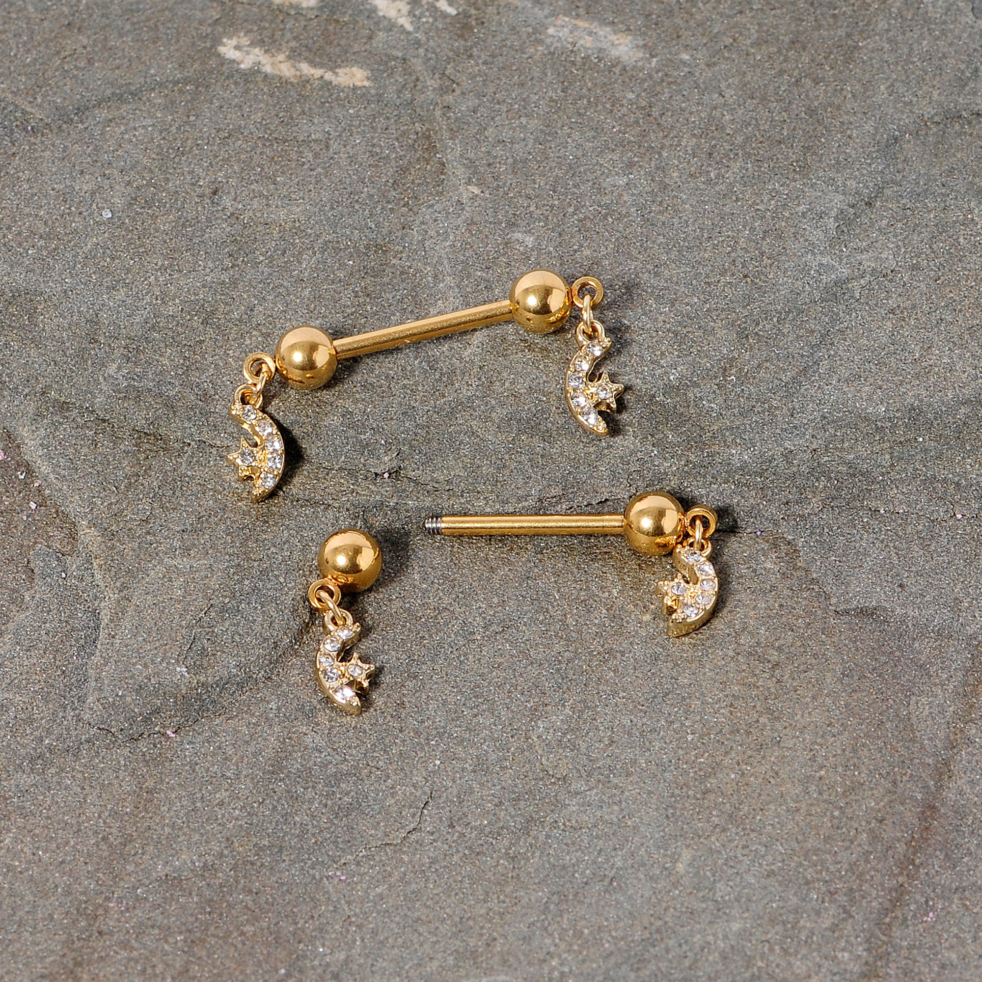 14 Gauge 9/16 Clear Gem Gold Tone Moon Dangle Barbell Nipple Ring Set