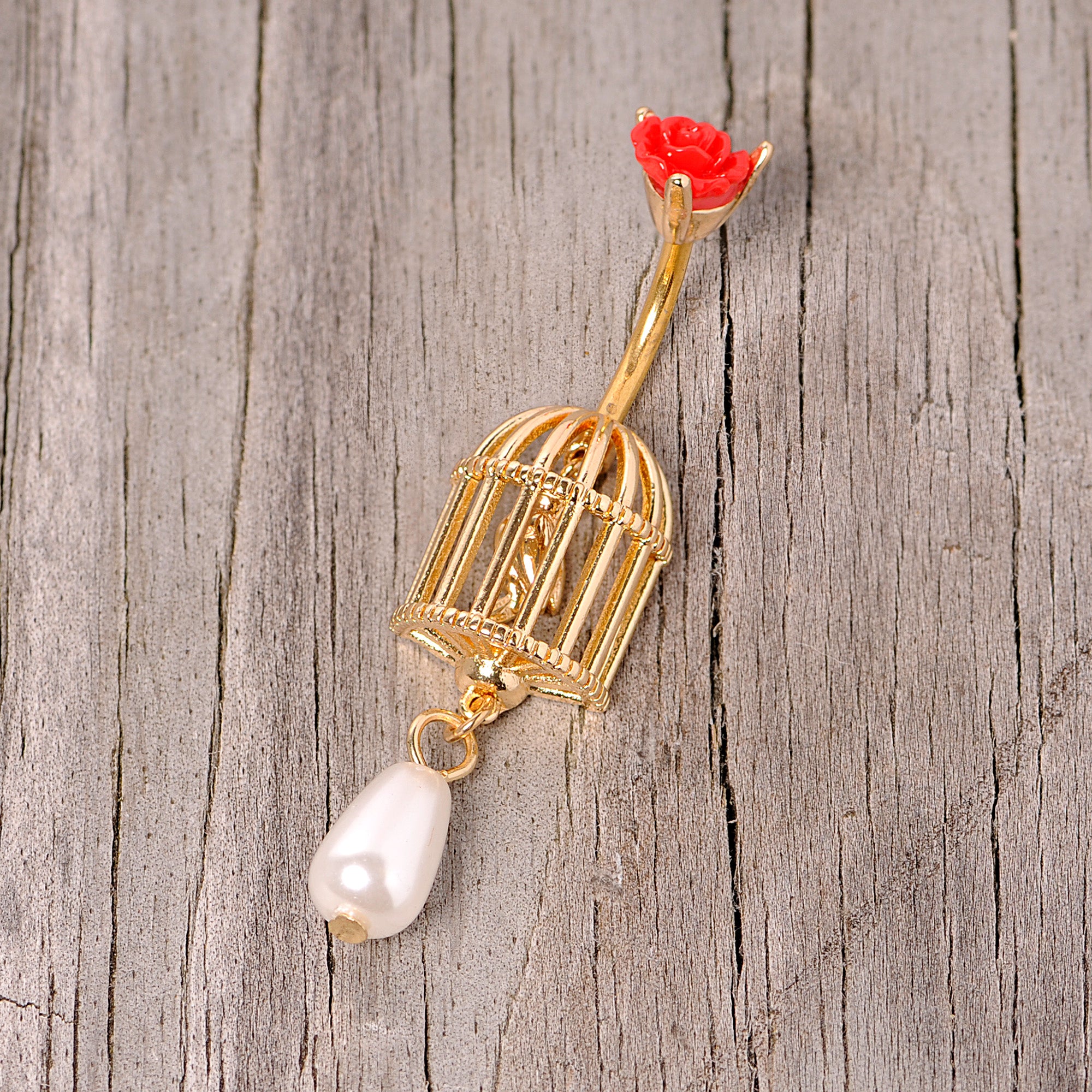 Red Flower Gold Tone Birdcage Dangle Belly Ring