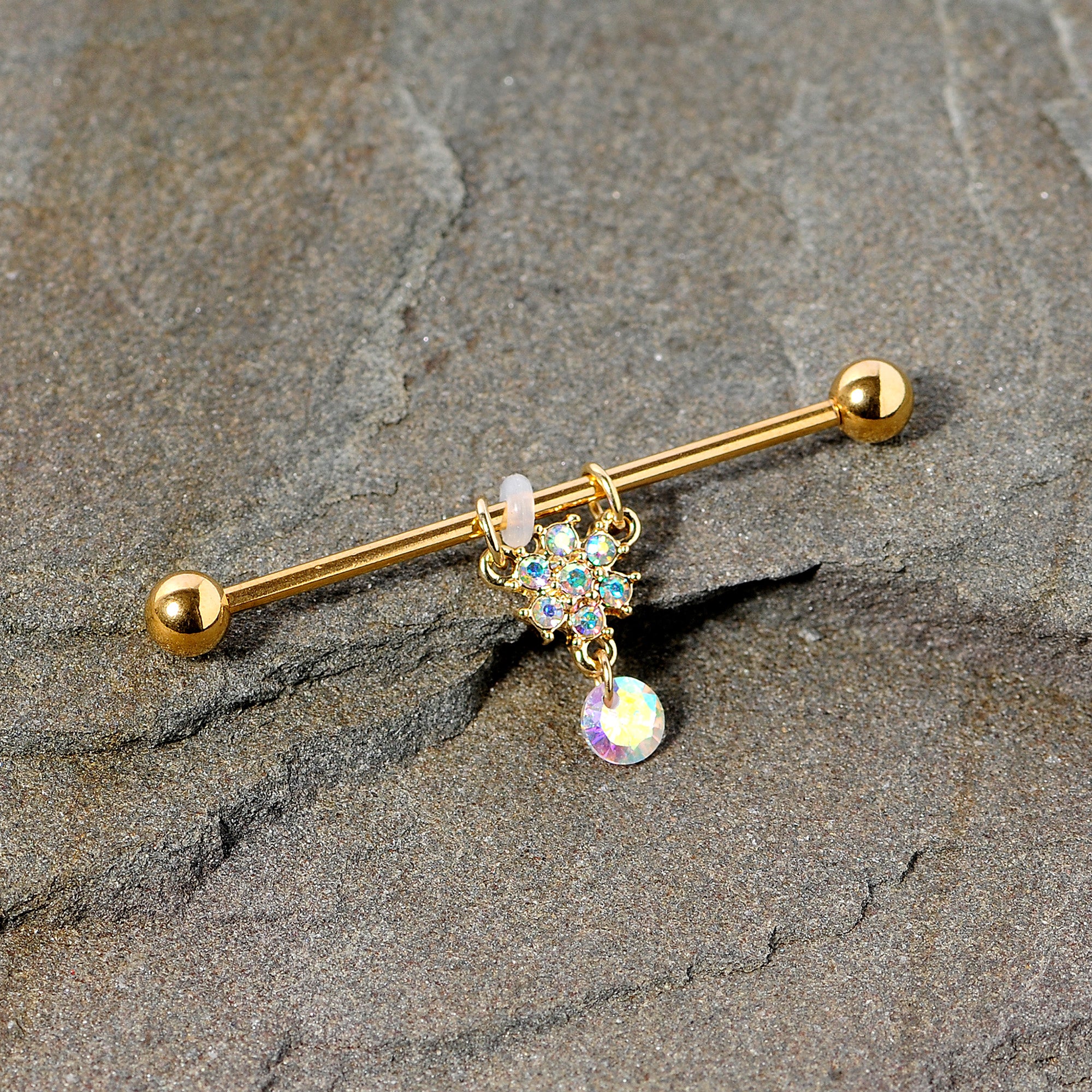 14 Gauge Aurora Gem Gold Tone Flower Dangle Industrial Barbell 38mm