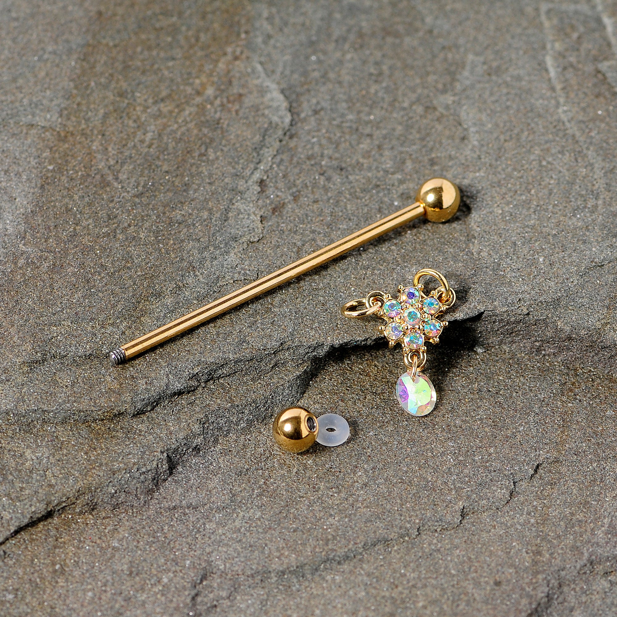 14 Gauge Aurora Gem Gold Tone Flower Dangle Industrial Barbell 38mm