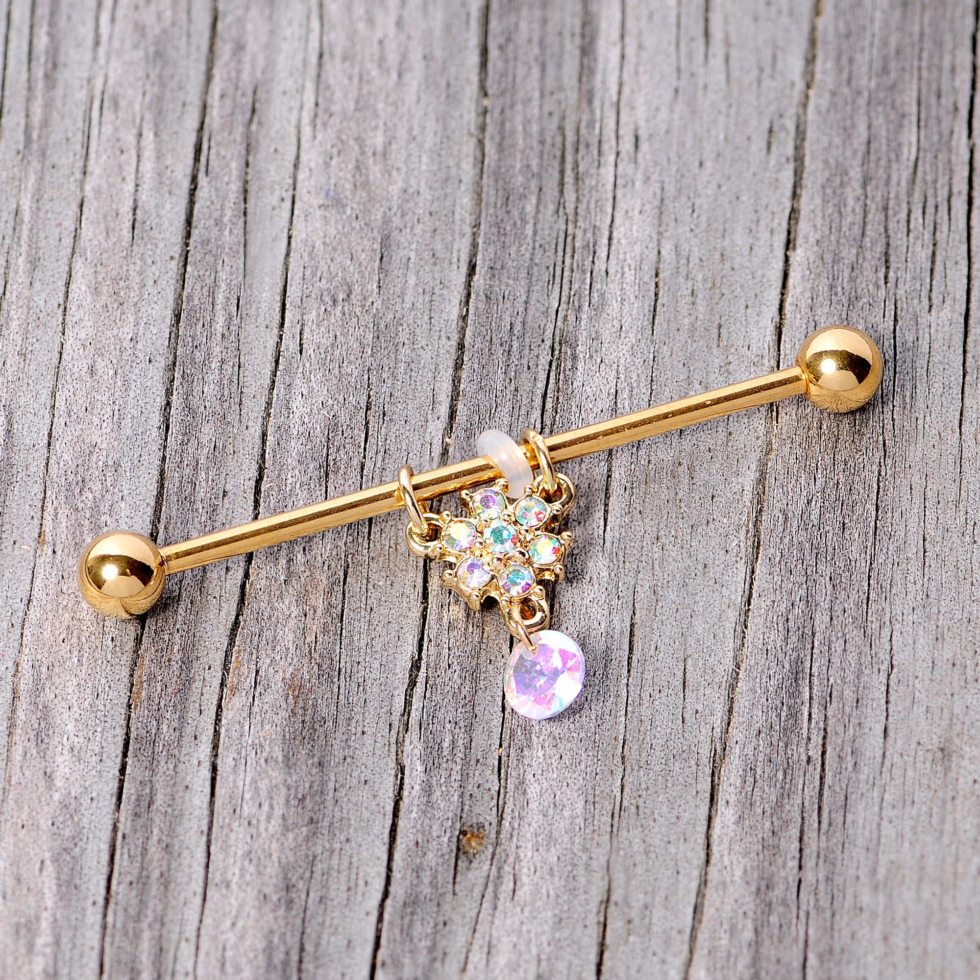 14 Gauge Aurora Gem Gold Tone Flower Dangle Industrial Barbell 38mm