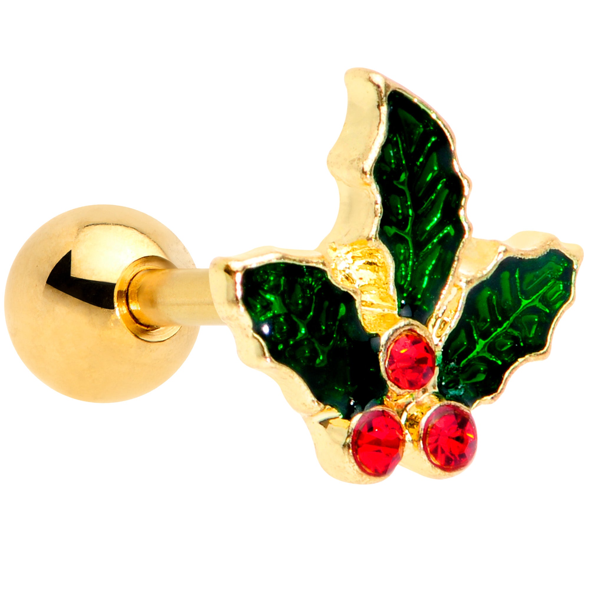 16 Gauge 1/4 Red Gem Gold Tone Mistletoe Christmas Cartilage Tragus