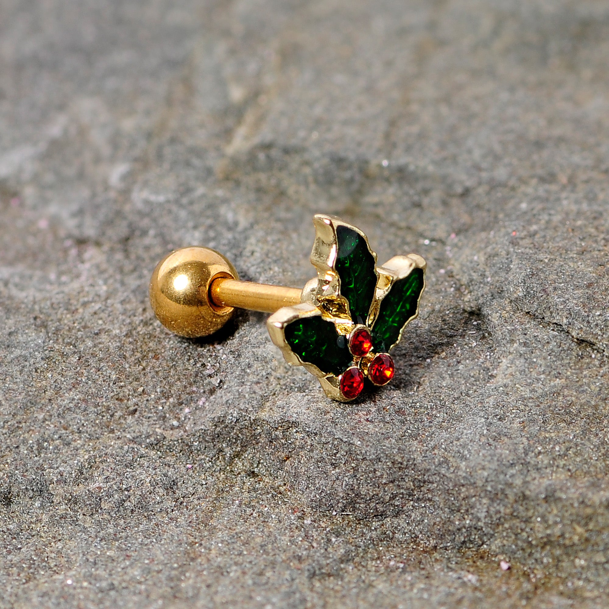 16 Gauge 1/4 Red Gem Gold Tone Mistletoe Christmas Cartilage Tragus