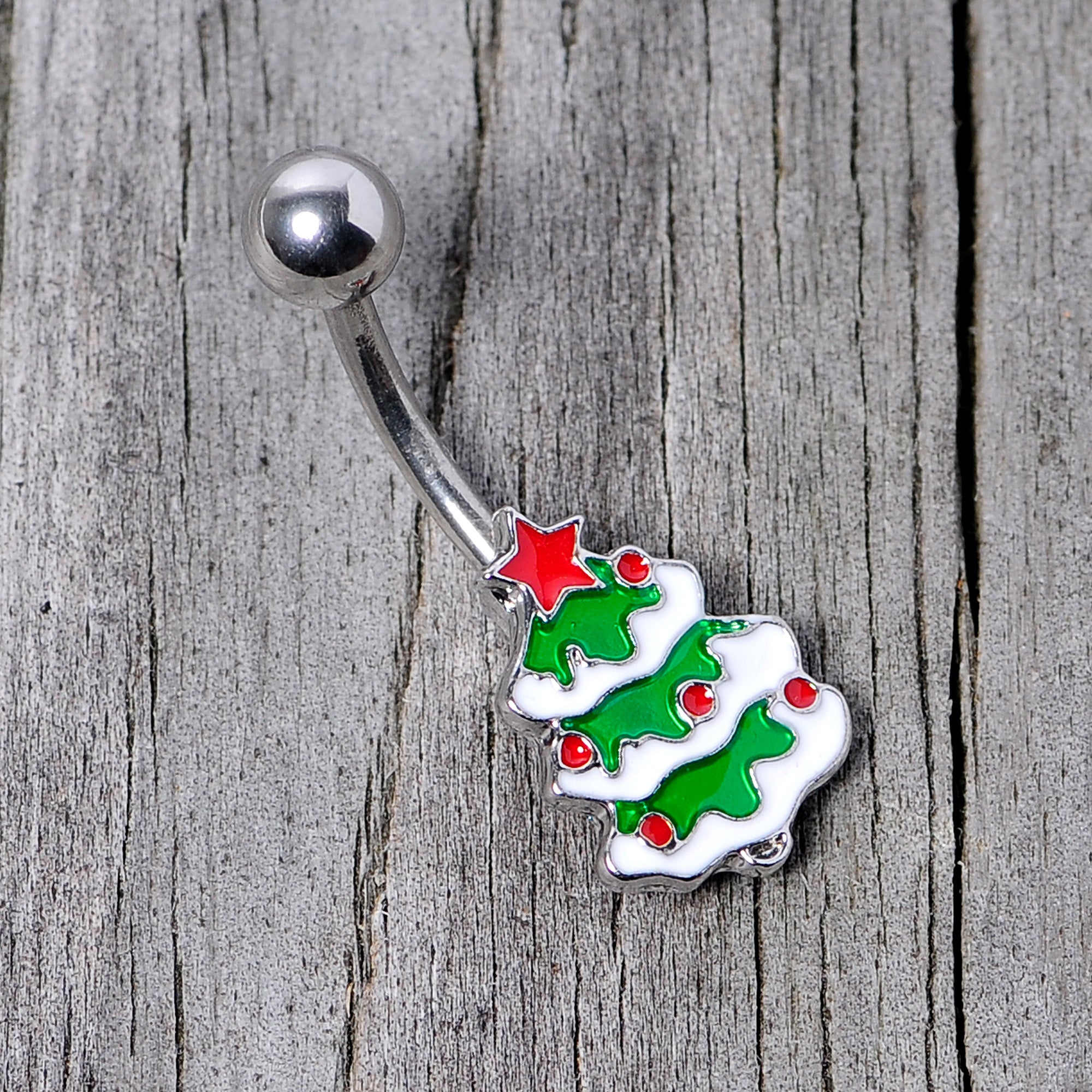 Green Red White Christmas Tree Holiday Belly Ring