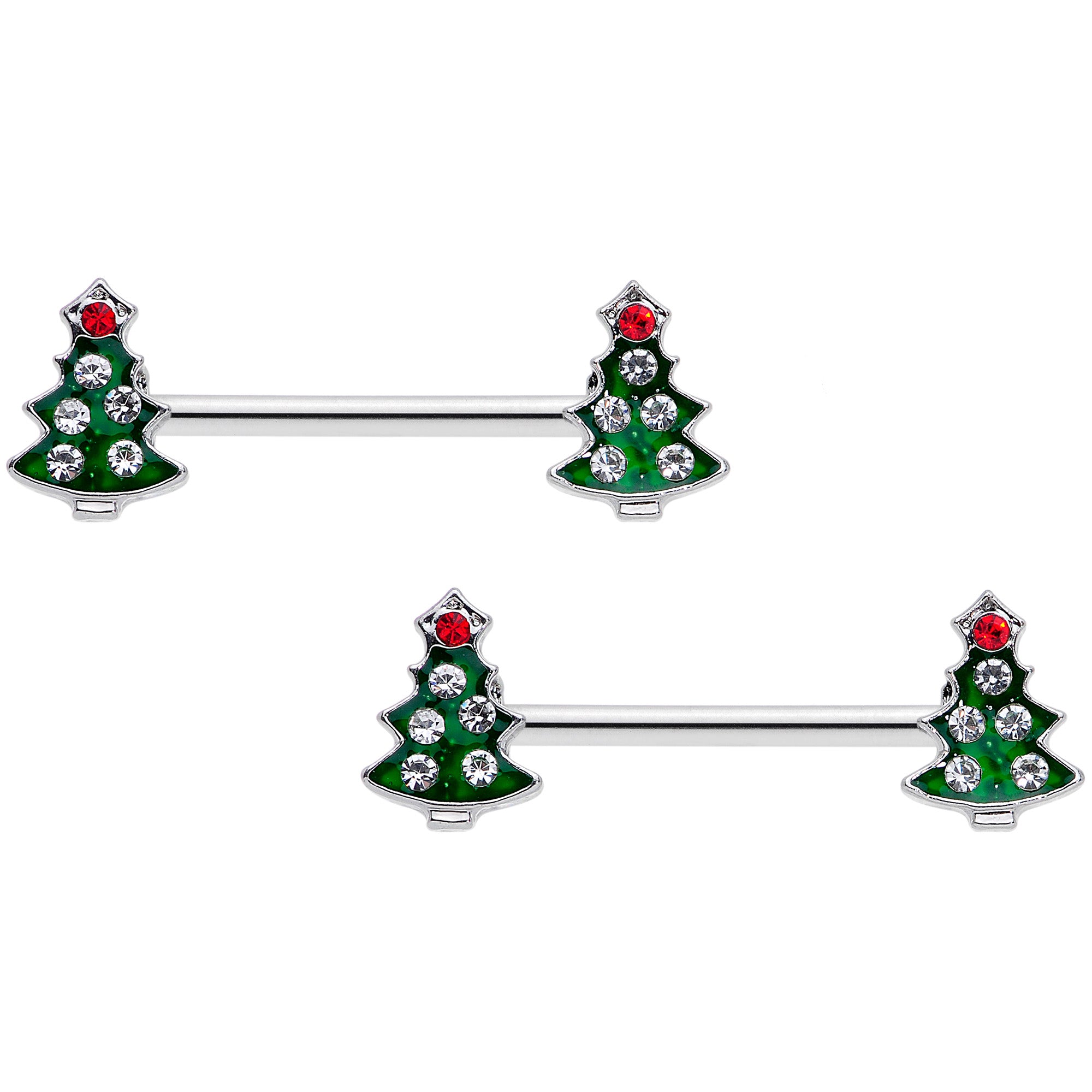 14 Gauge 9/16 Clear Red Gem Christmas Tree Barbell Nipple Ring Set