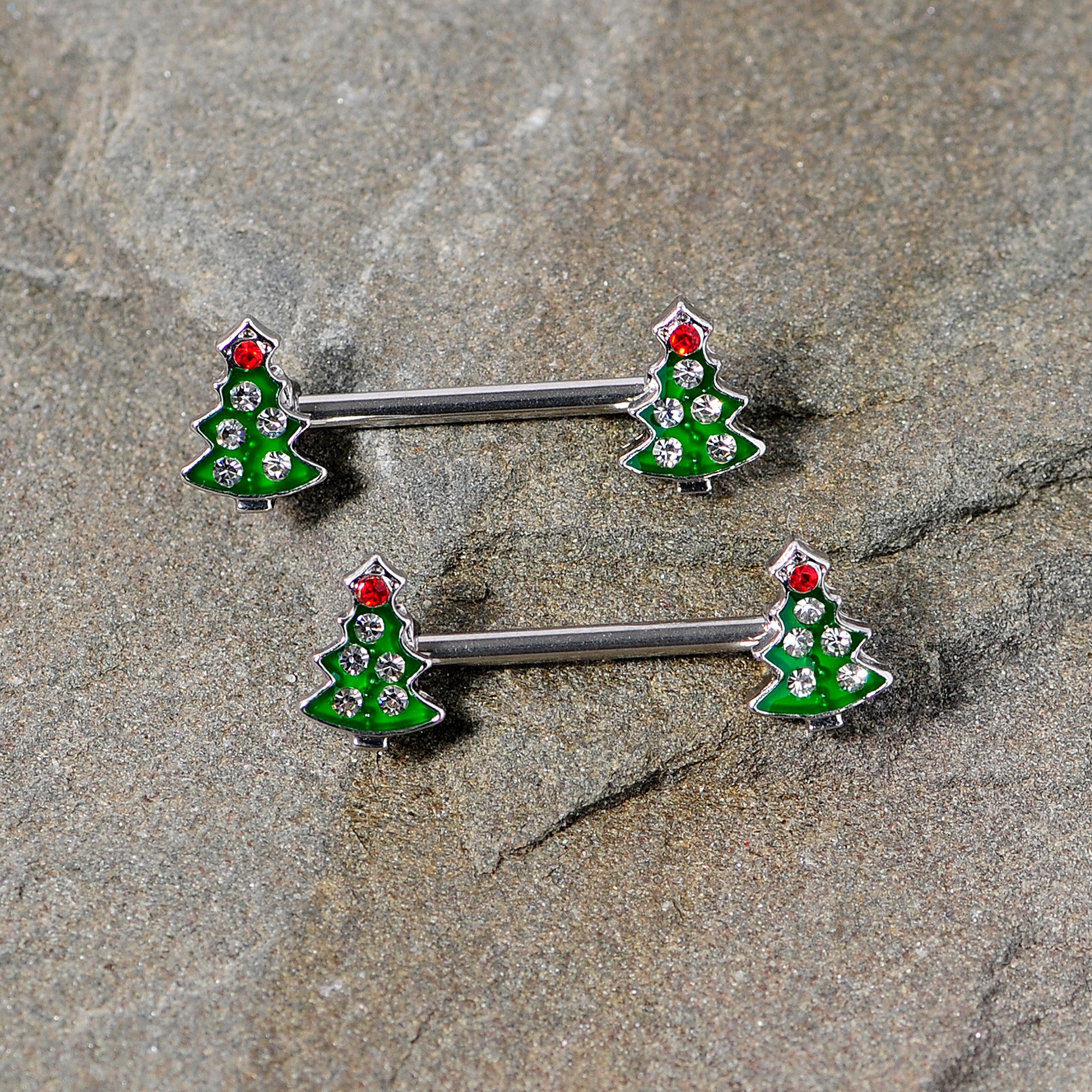 14 Gauge 9/16 Clear Red Gem Christmas Tree Barbell Nipple Ring Set