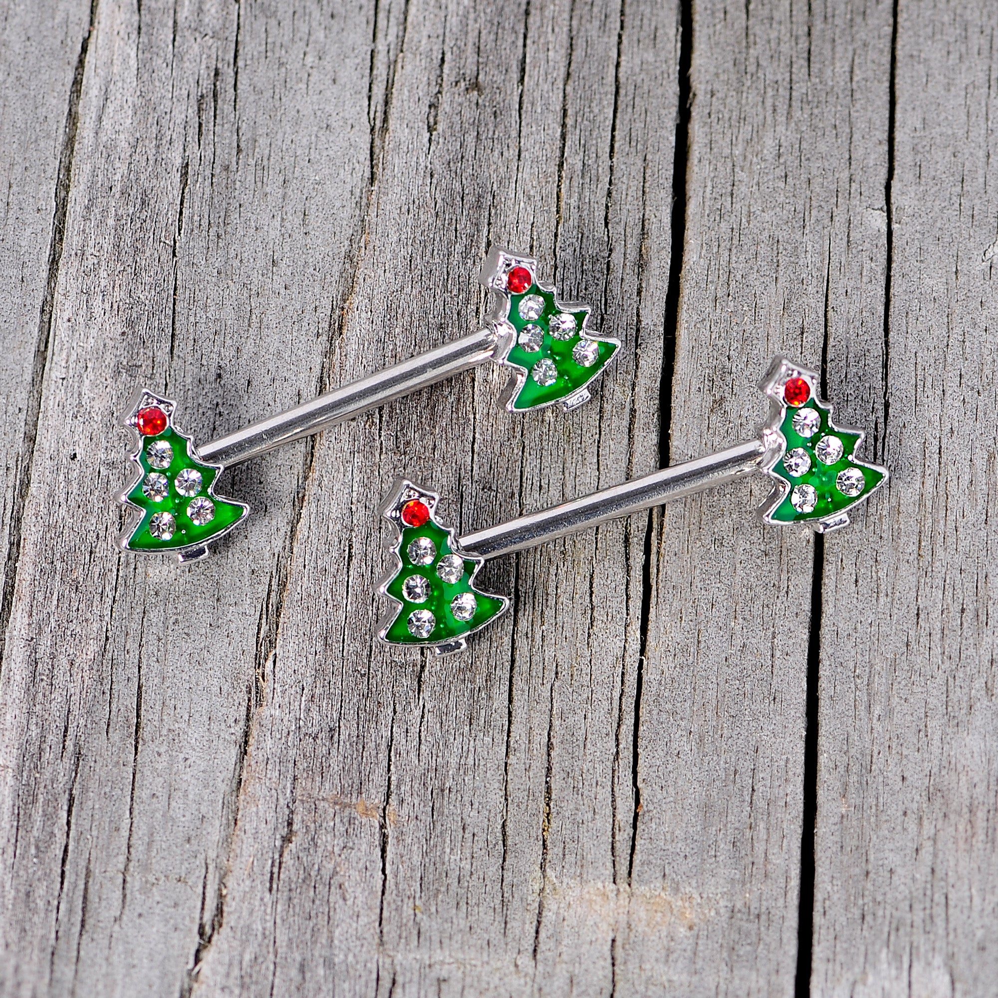 14 Gauge 9/16 Clear Red Gem Christmas Tree Barbell Nipple Ring Set