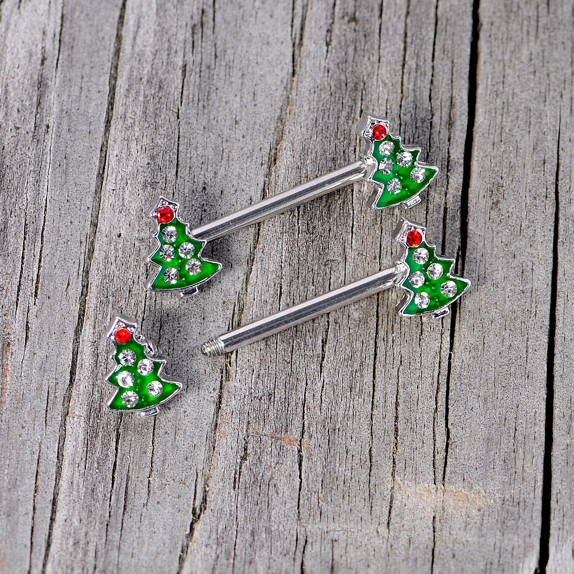 14 Gauge 9/16 Clear Red Gem Christmas Tree Barbell Nipple Ring Set