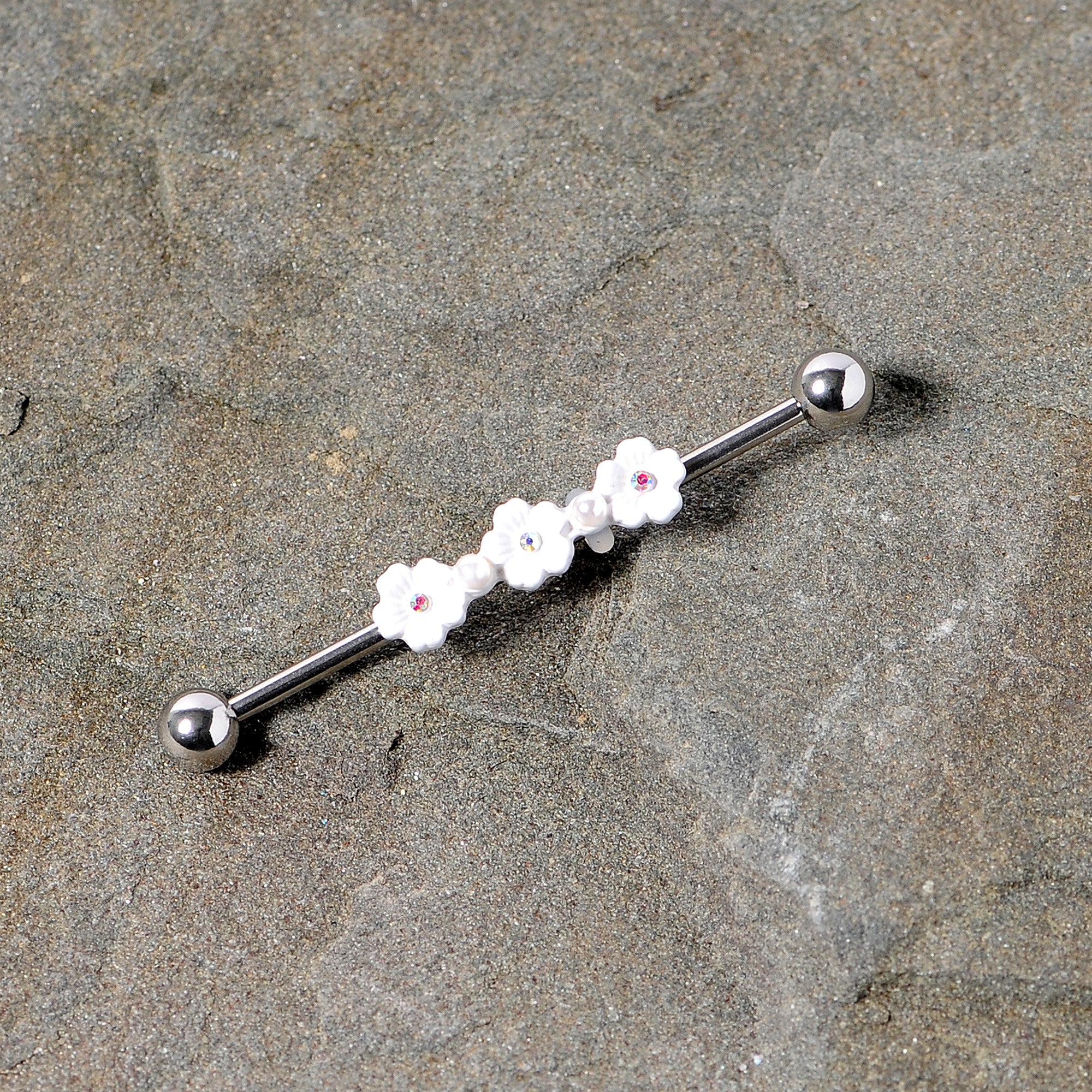 14 Gauge Aurora Gem White Flower Industrial Barbell 38mm