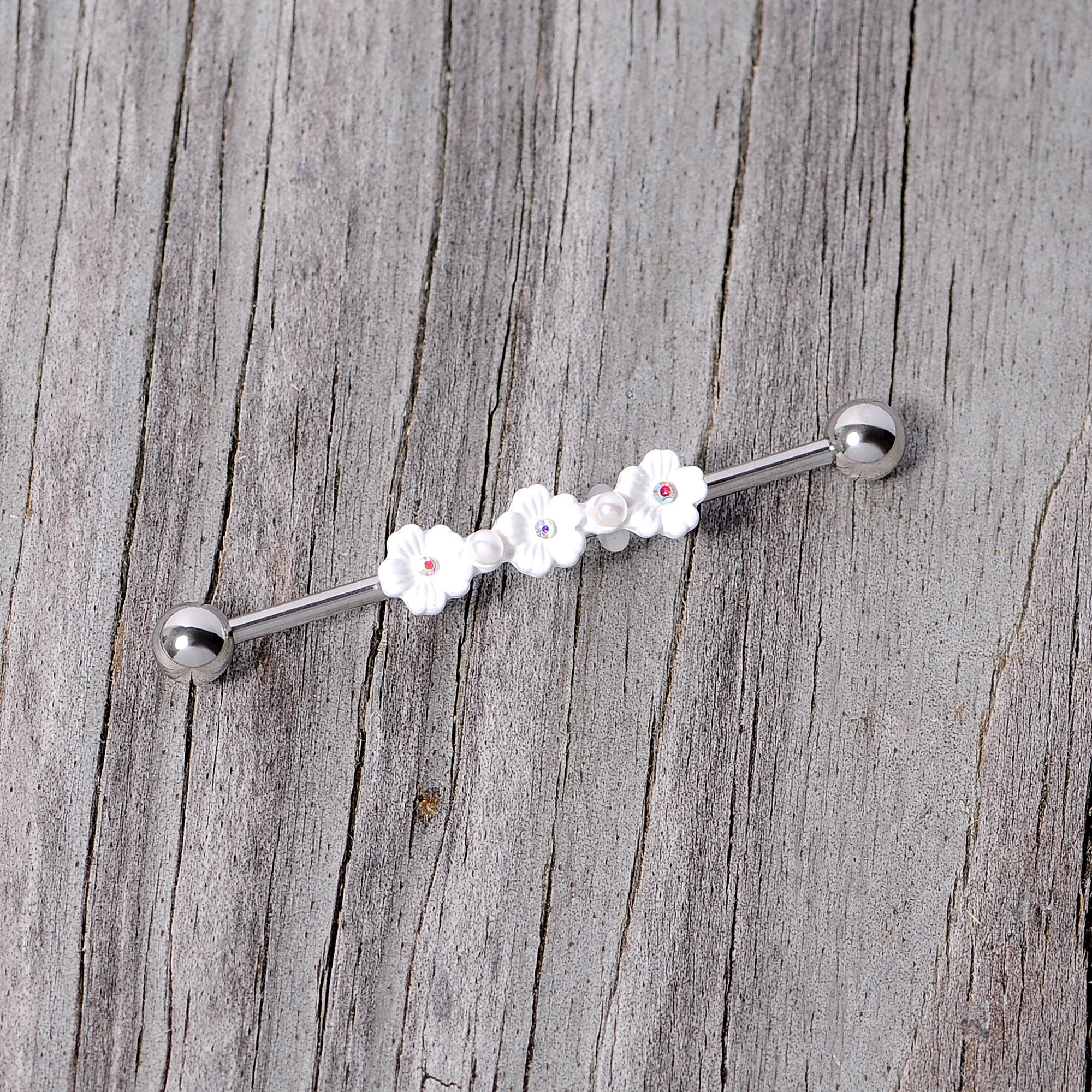 14 Gauge Aurora Gem White Flower Industrial Barbell 38mm