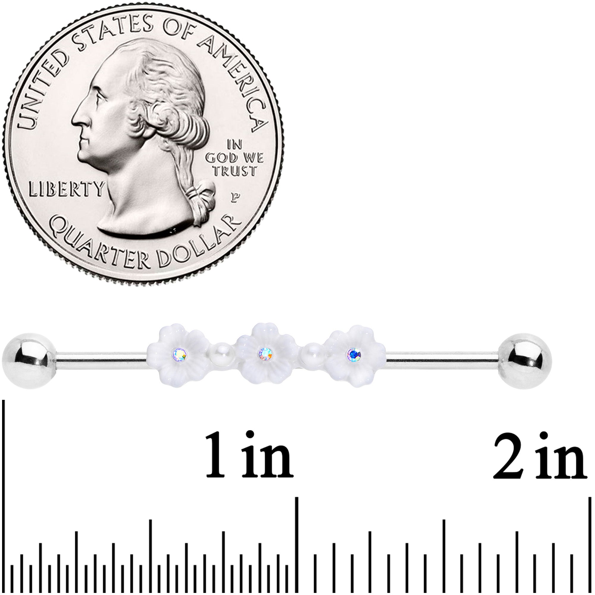 14 Gauge Aurora Gem White Flower Industrial Barbell 38mm