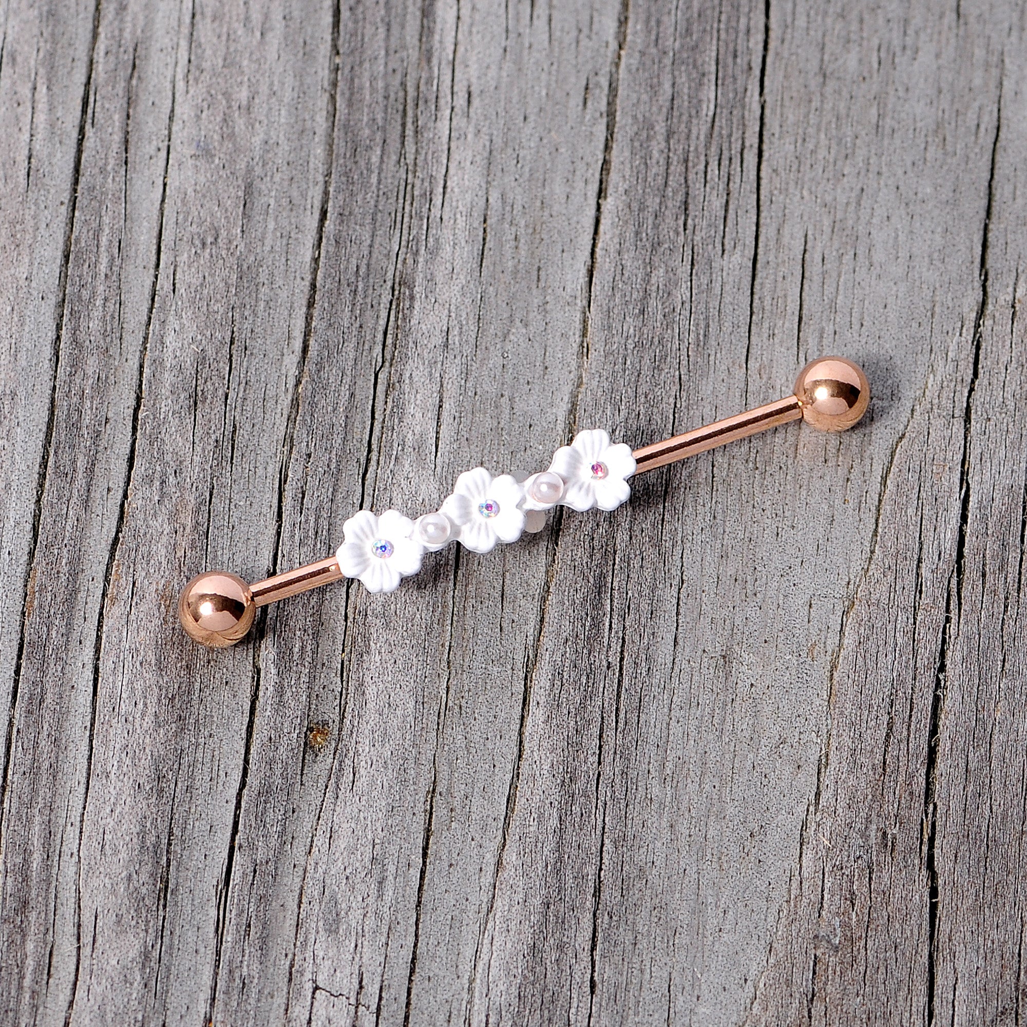 14 Gauge Aurora Gem Rose Gold Tone Flower Industrial Barbell 38mm