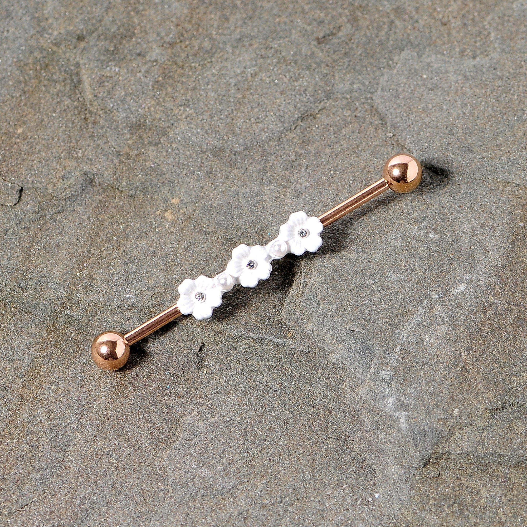 14 Gauge Clear Gem Rose Gold Tone Flower Industrial Barbell 38mm