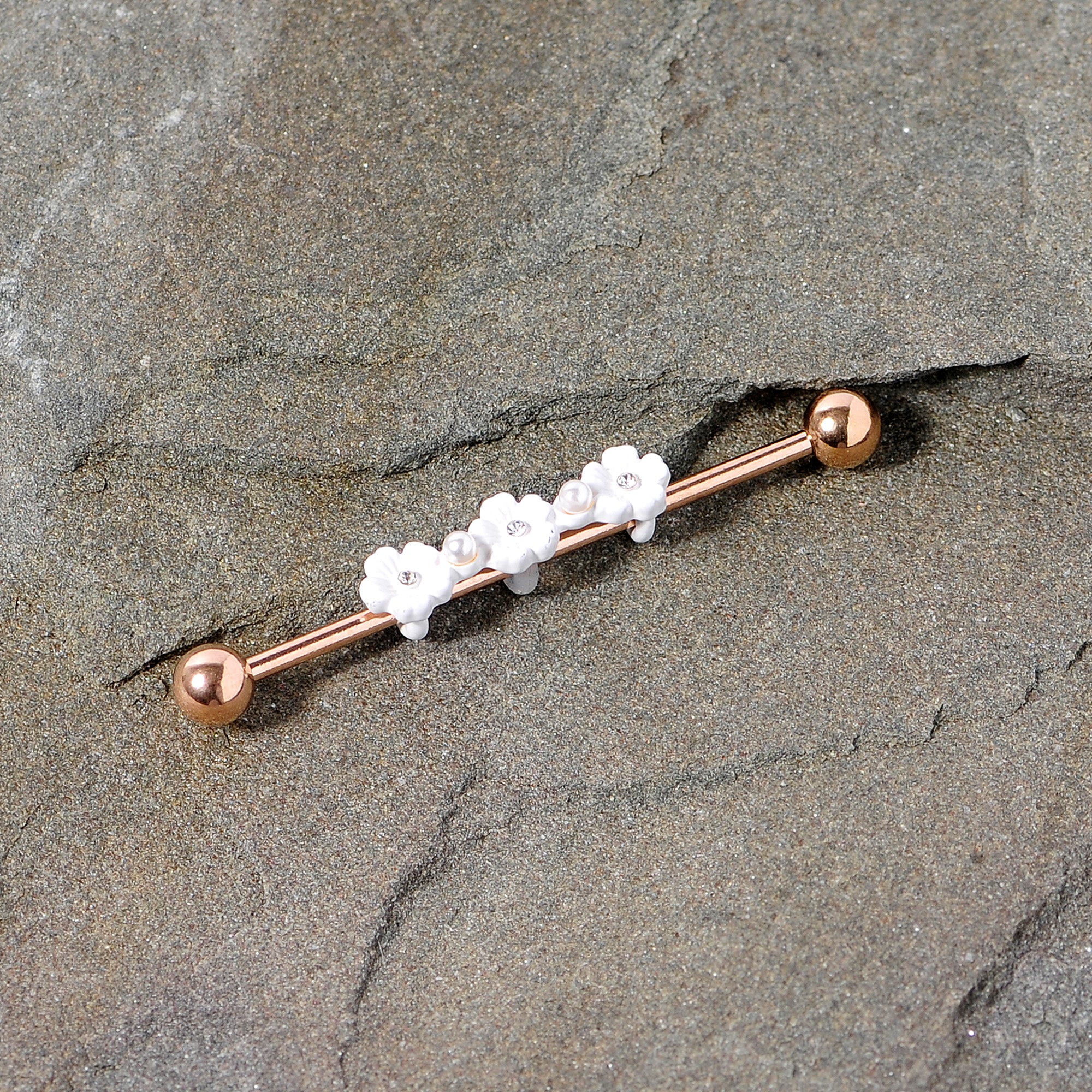 14 Gauge Clear Gem Rose Gold Tone Flower Industrial Barbell 38mm