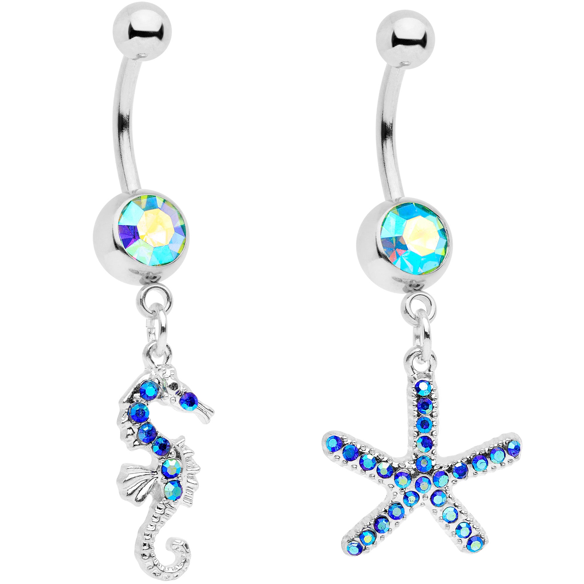 Blue Gem Starfish Seahorse Nautical Dangle Belly Ring Set of 2