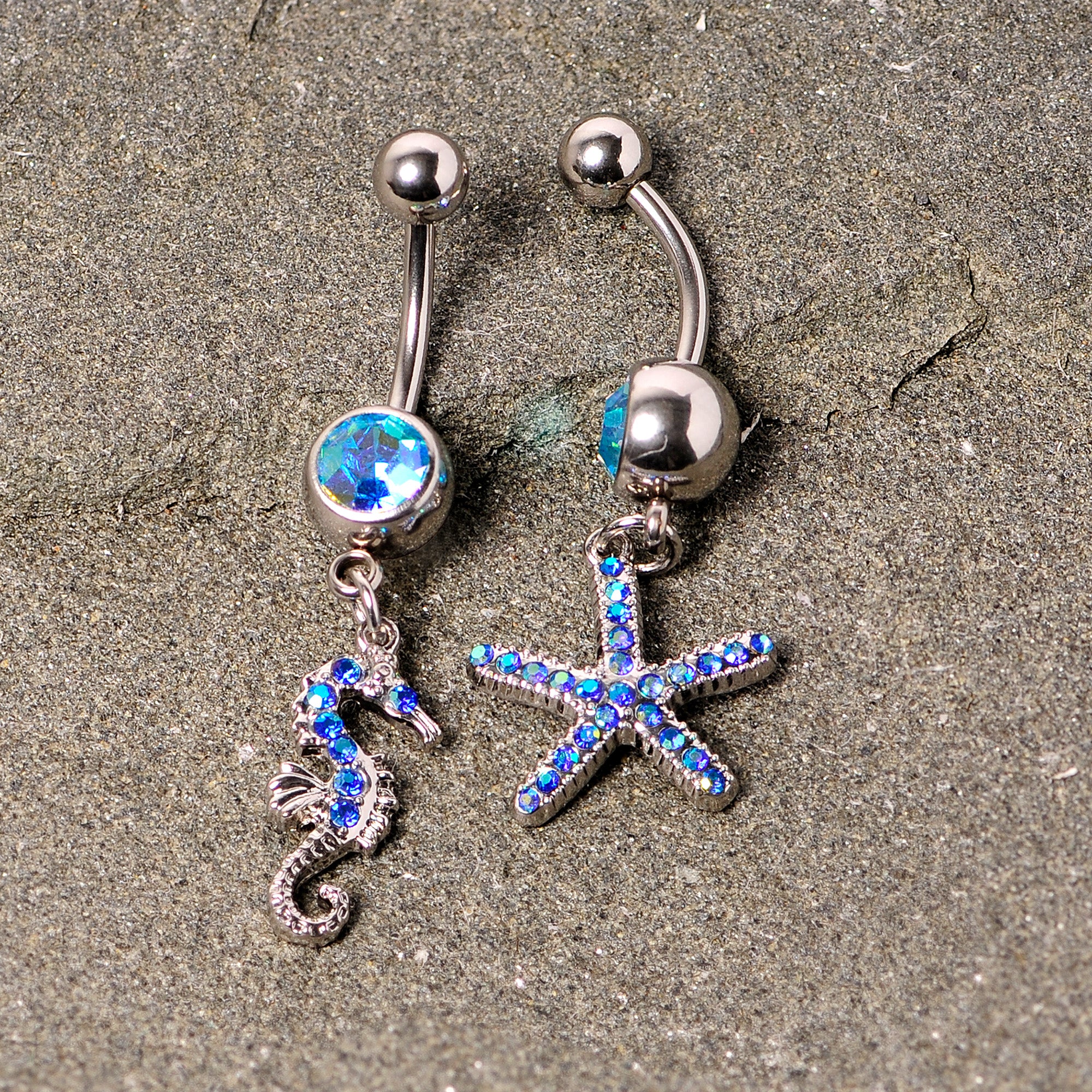 Blue Gem Starfish Seahorse Nautical Dangle Belly Ring Set of 2