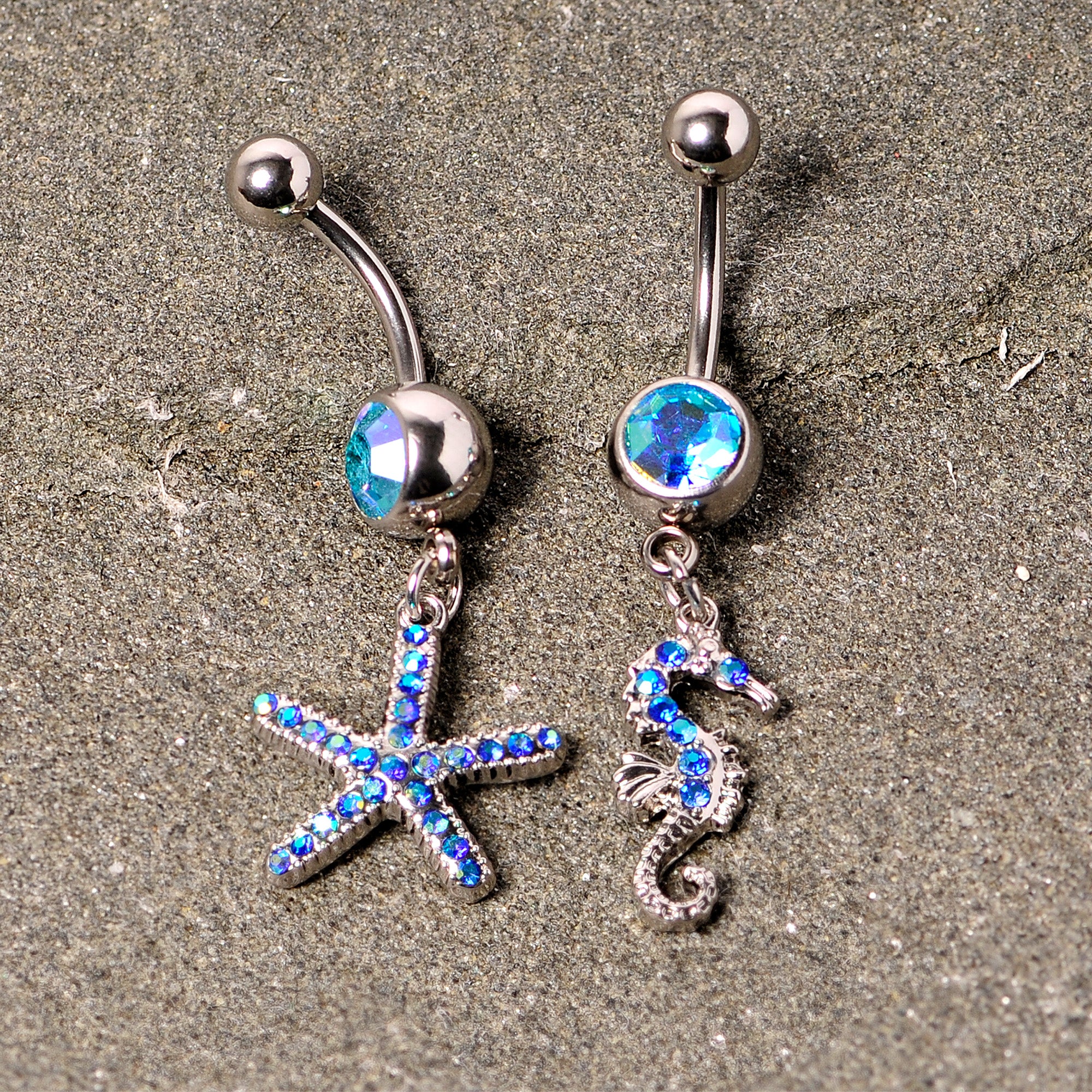 Blue Gem Starfish Seahorse Nautical Dangle Belly Ring Set of 2