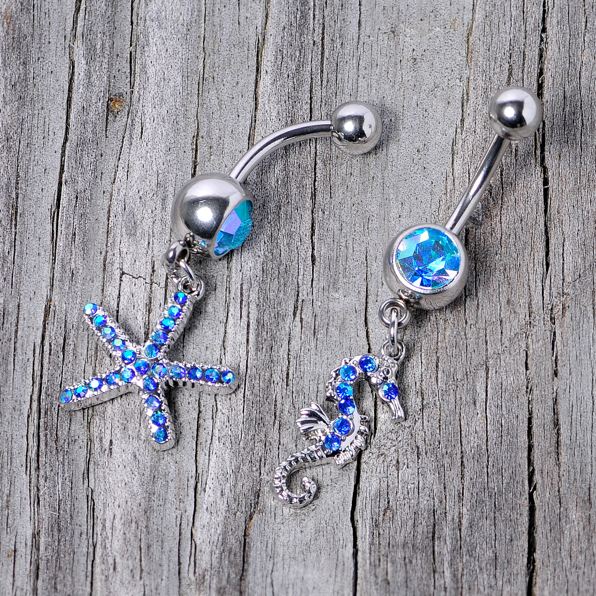 Blue Gem Starfish Seahorse Nautical Dangle Belly Ring Set of 2