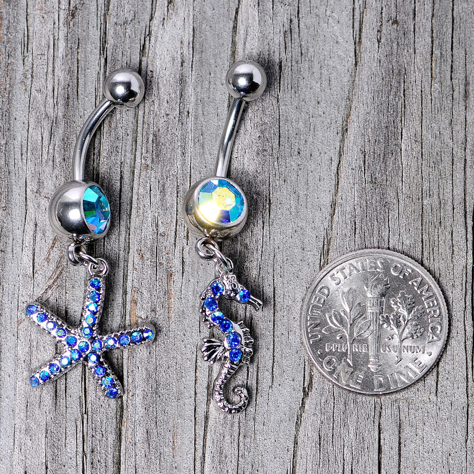 Blue Gem Starfish Seahorse Nautical Dangle Belly Ring Set of 2