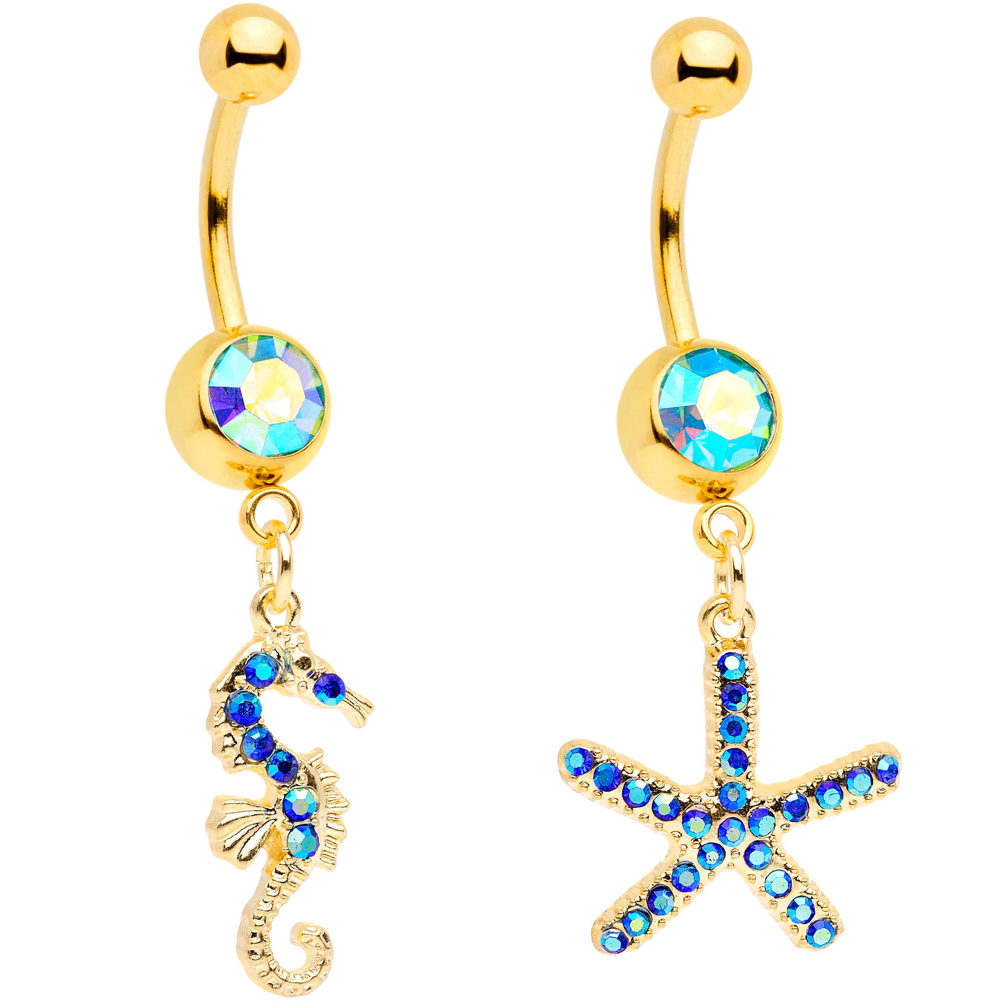 Blue Gem Gold Tone Starfish Seahorse Nautical Belly Ring Set of 2