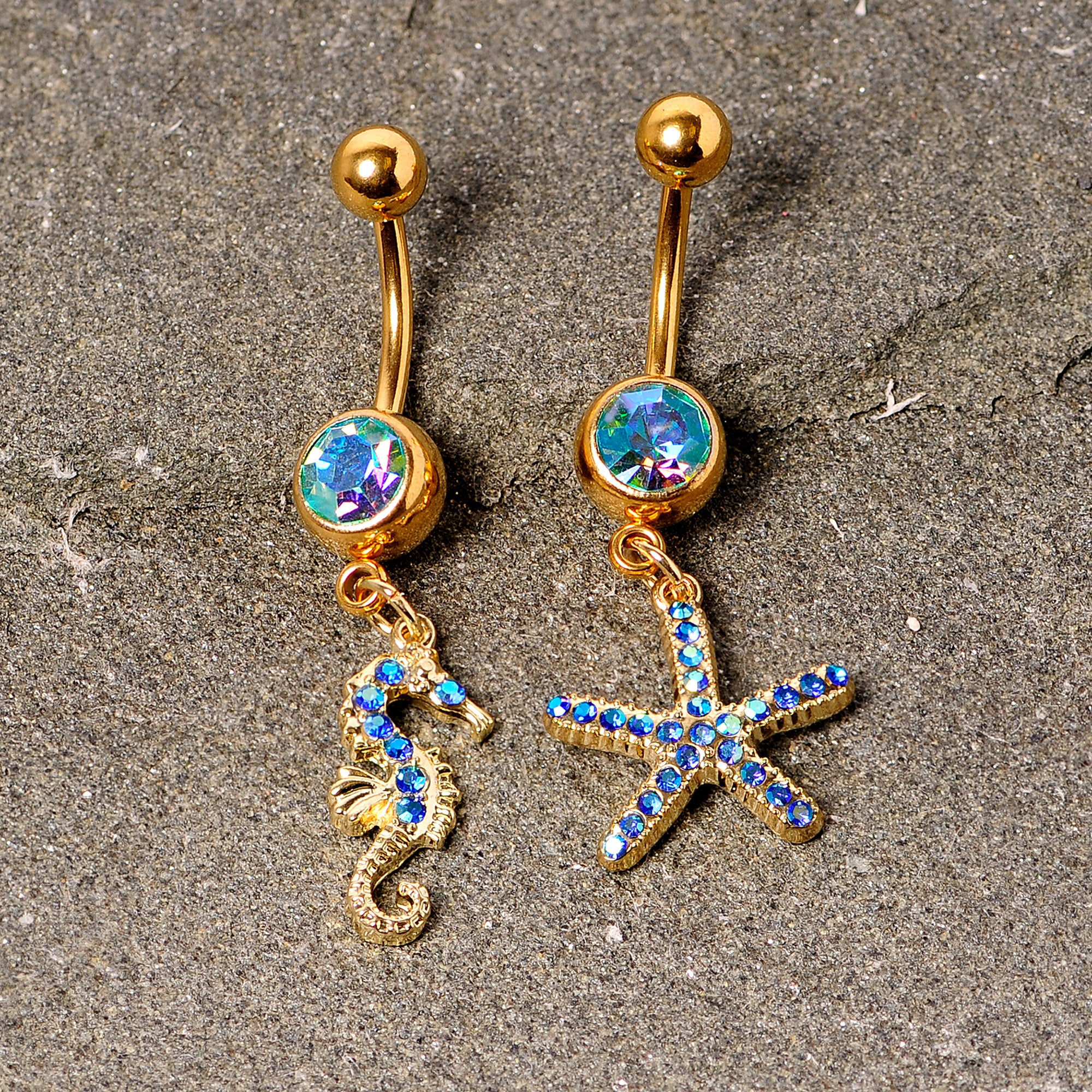 Blue Gem Gold Tone Starfish Seahorse Nautical Belly Ring Set of 2