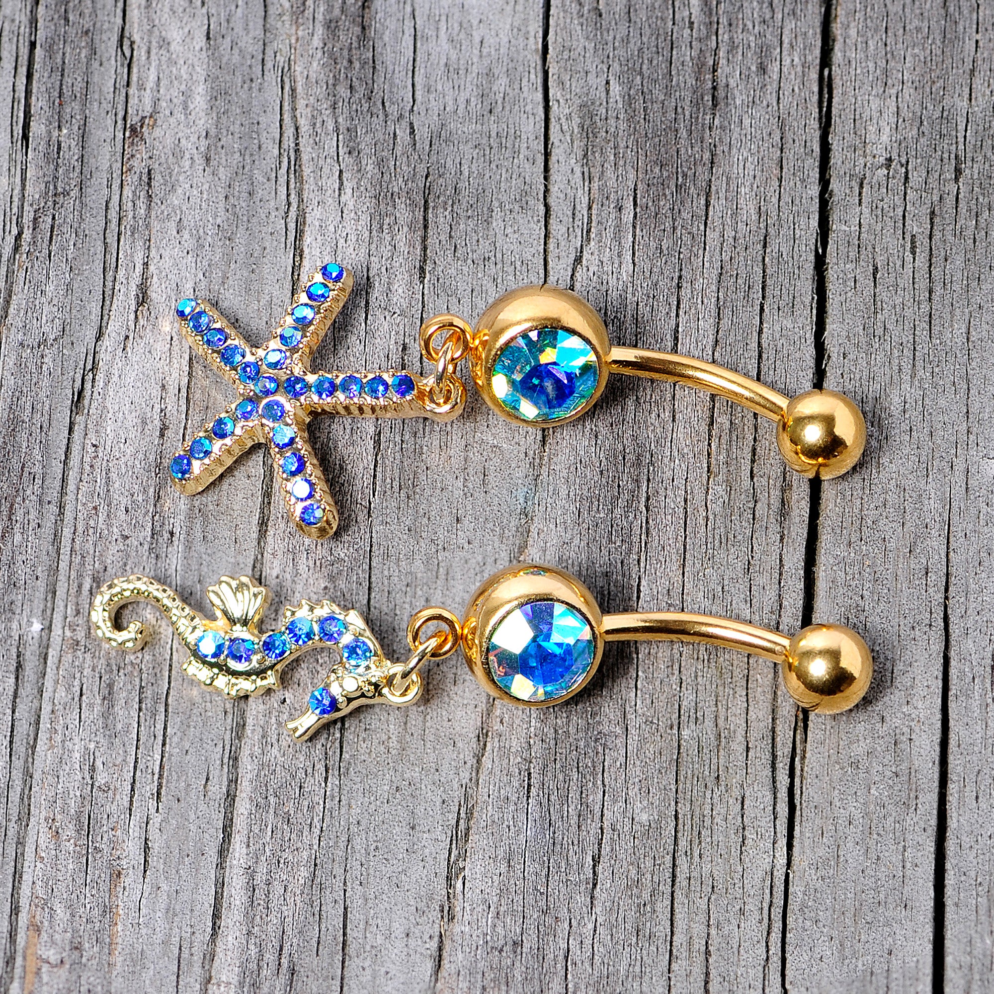 Blue Gem Gold Tone Starfish Seahorse Nautical Belly Ring Set of 2