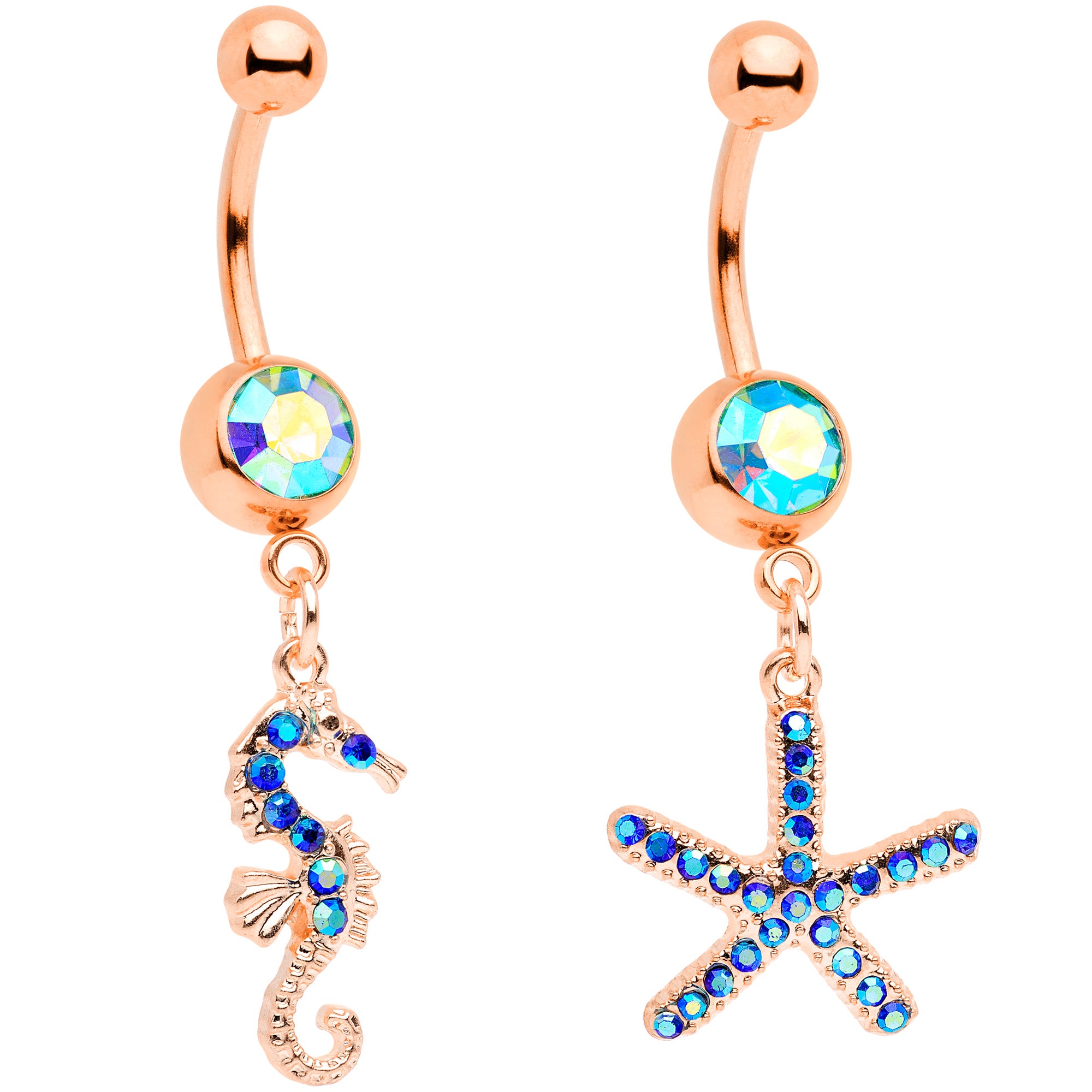 Blue Gem Rose Gold Tone Starfish Seahorse Nautical Belly Ring Set of 2