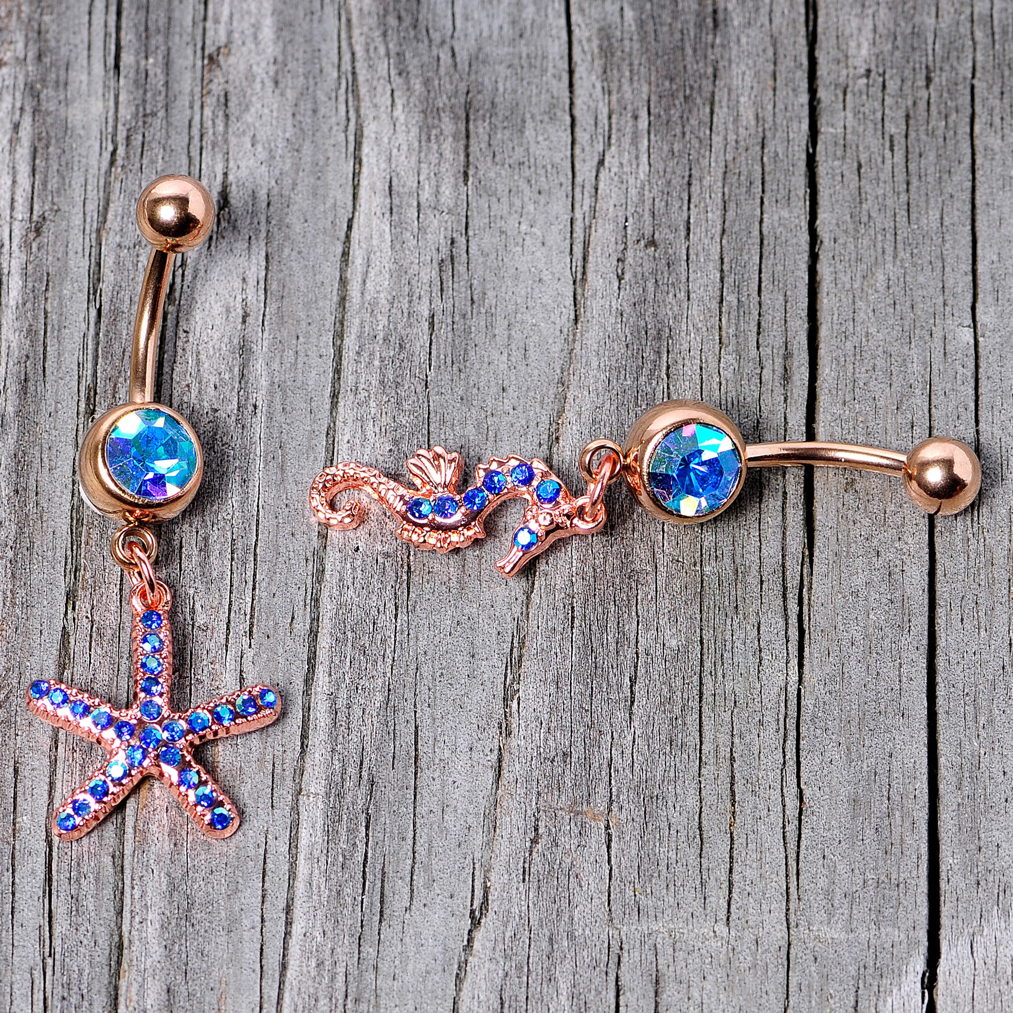 Blue Gem Rose Gold Tone Starfish Seahorse Nautical Belly Ring Set of 2